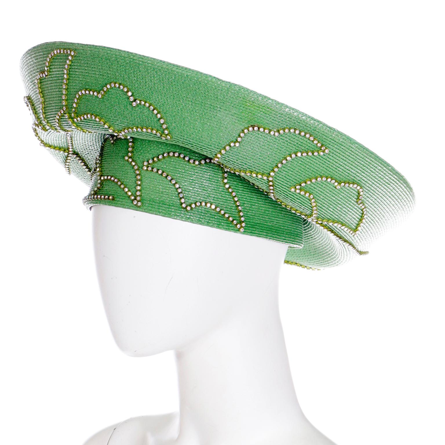 Gray Makins Vintage Church Lady Turban Style Green Straw Hat with Rhinestones