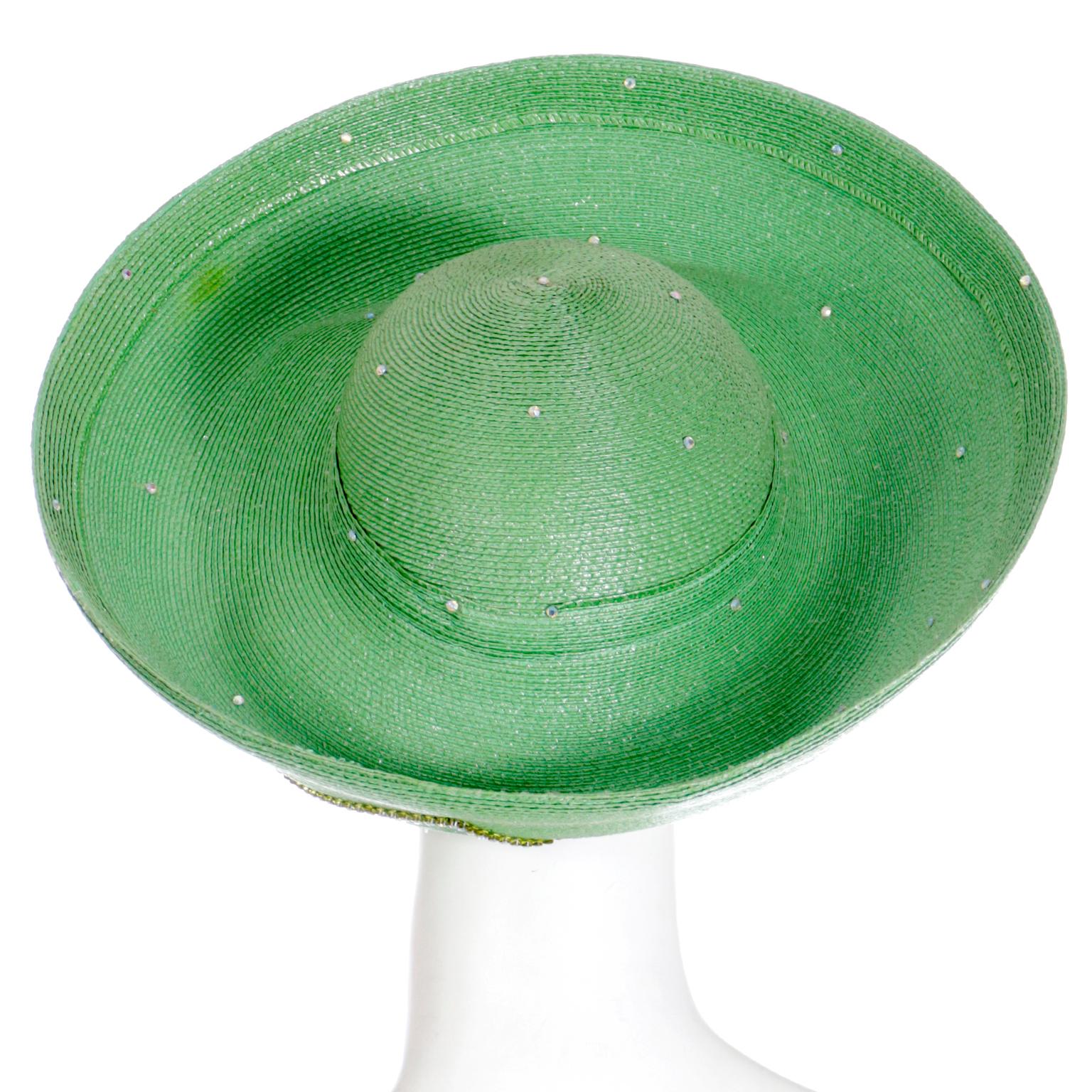 Women's Makins Vintage Church Lady Turban Style Green Straw Hat with Rhinestones