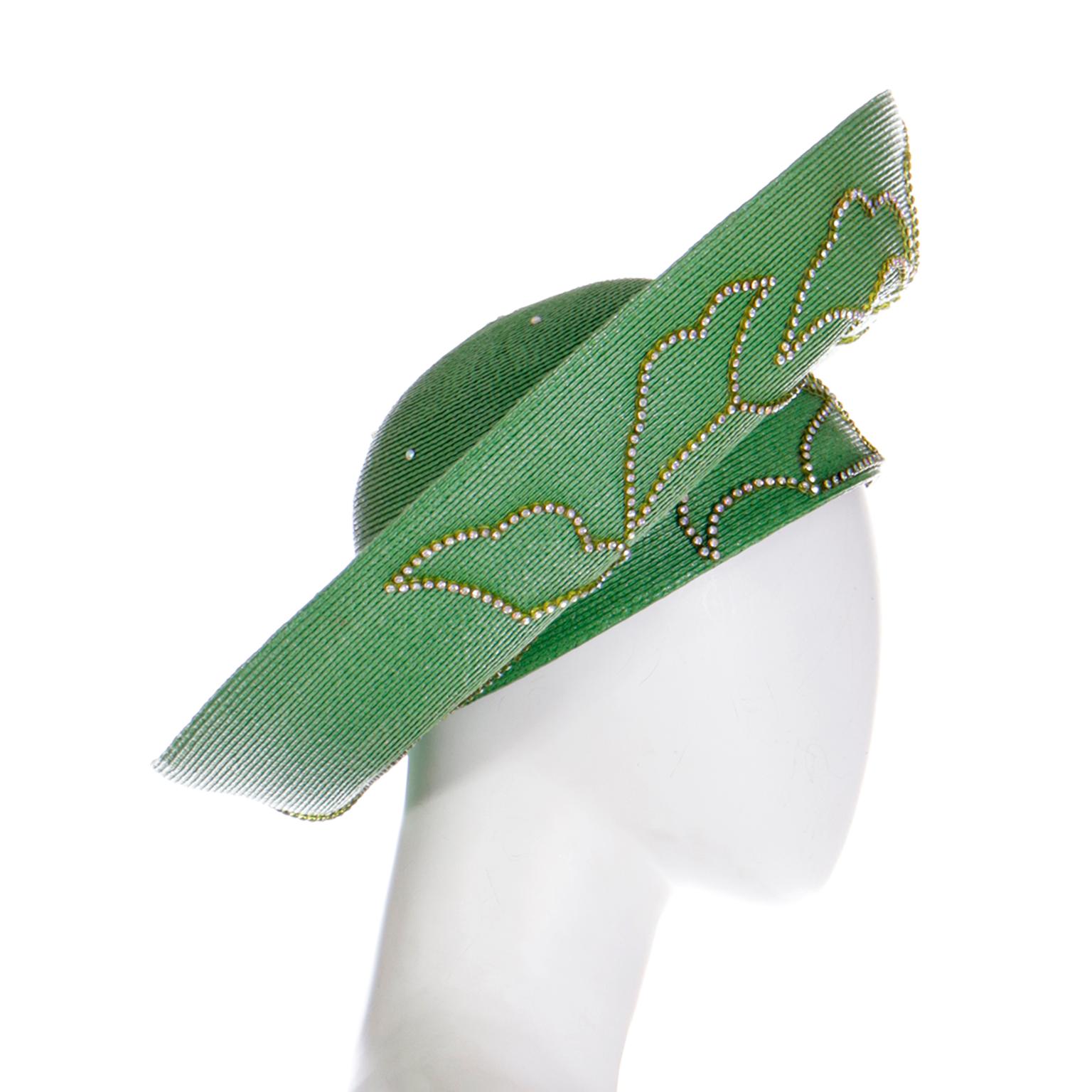 Makins Vintage Church Lady Turban Style Green Straw Hat with Rhinestones 1