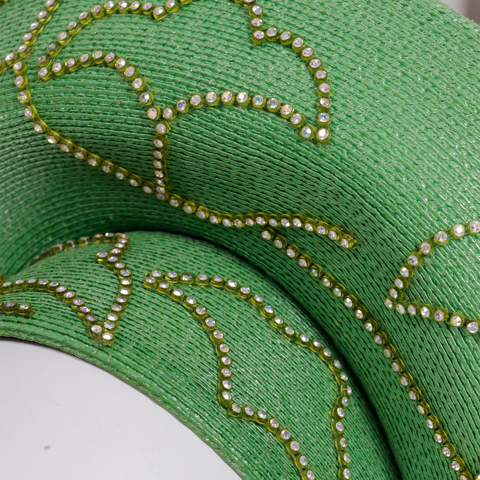 Makins Vintage Church Lady Turban Style Green Straw Hat with Rhinestones 2