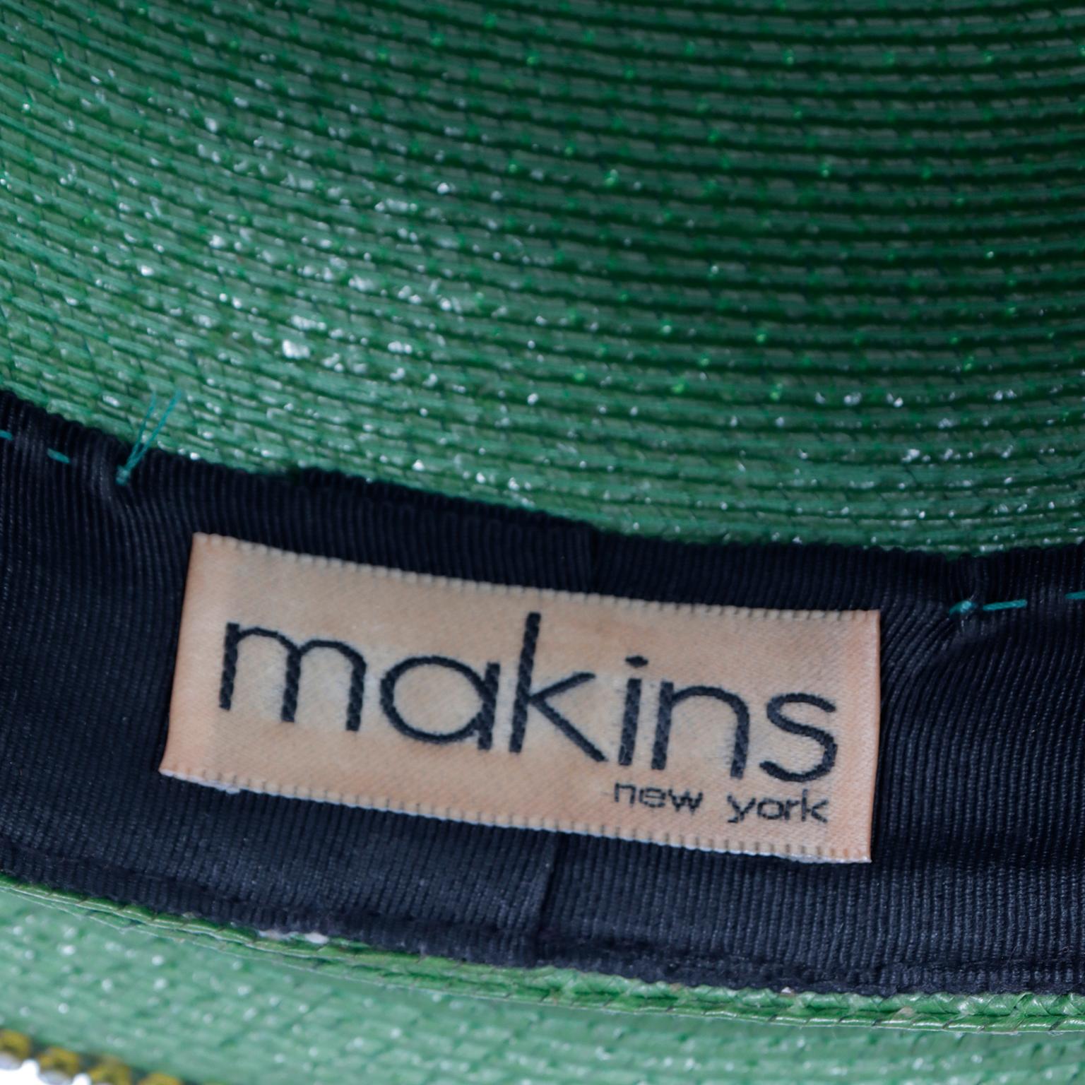 Makins Vintage Church Lady Turban Style Green Straw Hat with Rhinestones 3