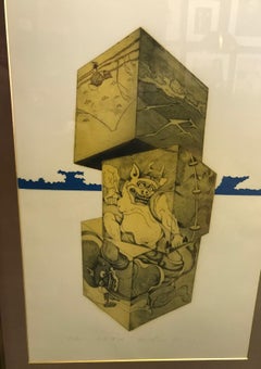 Makoto Ouchi Signed Large Limited Edition Japanese Cube Series Etching Print