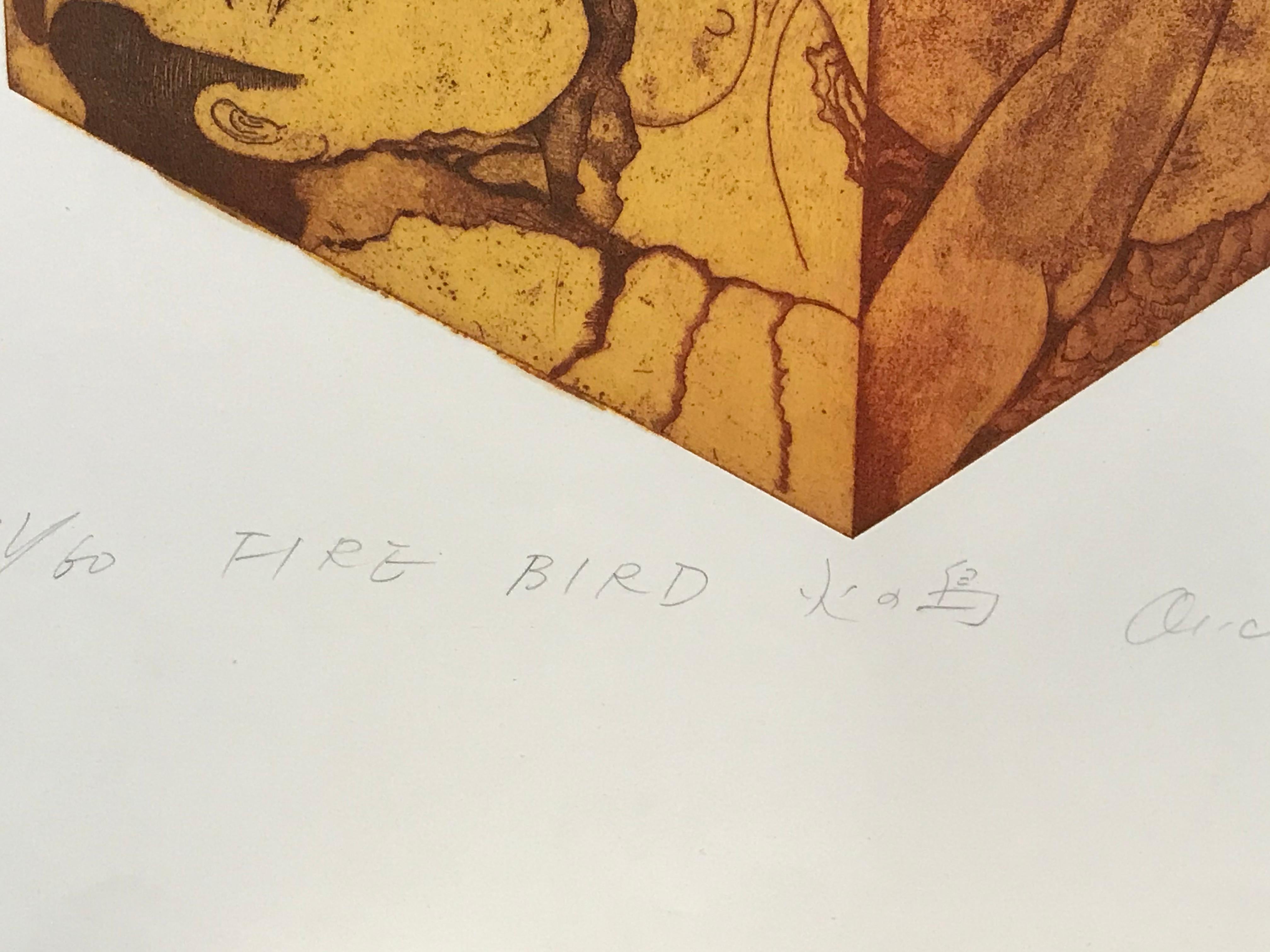 Pájaro de fuego de Makoto Ouchi, grabado japonés, kabuki contemporáneo rojo oro negro en venta 1
