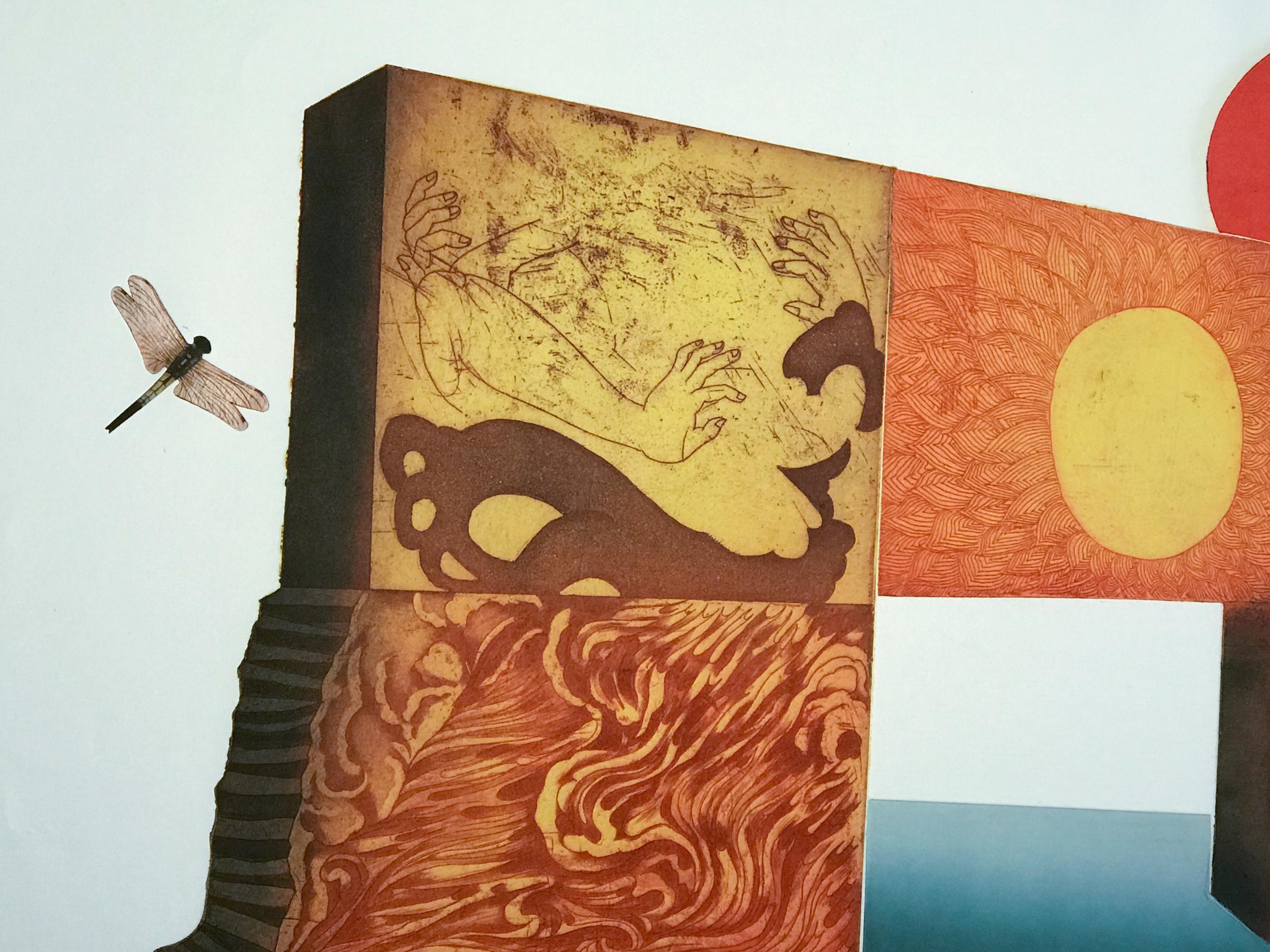 Sole rosso di Makoto Ouchi, acquaforte giapponese 1/60, rosso, giallo Kabuki contemporaneo in vendita 3