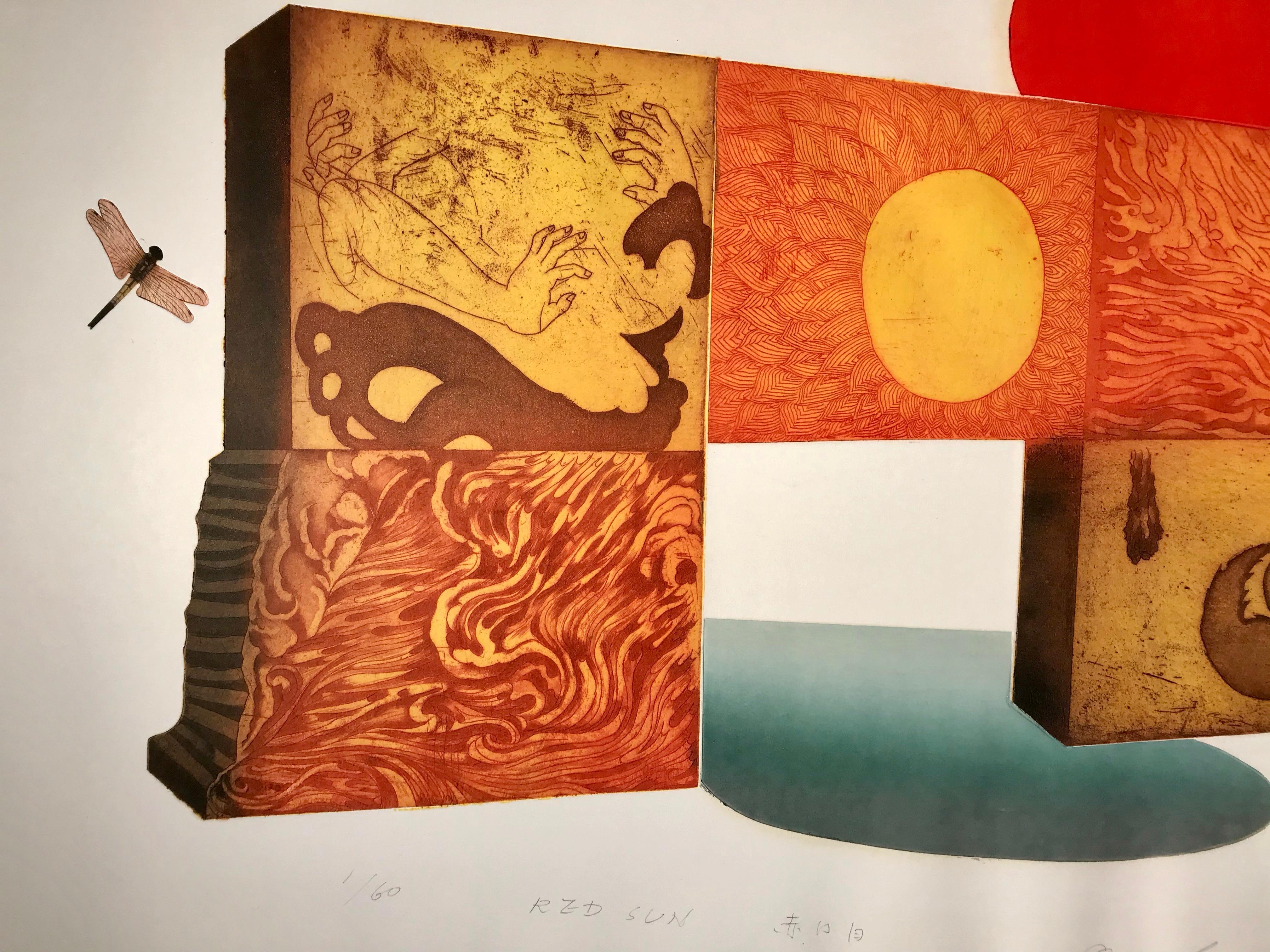 Sole rosso di Makoto Ouchi, acquaforte giapponese 1/60, rosso, giallo Kabuki contemporaneo in vendita 6