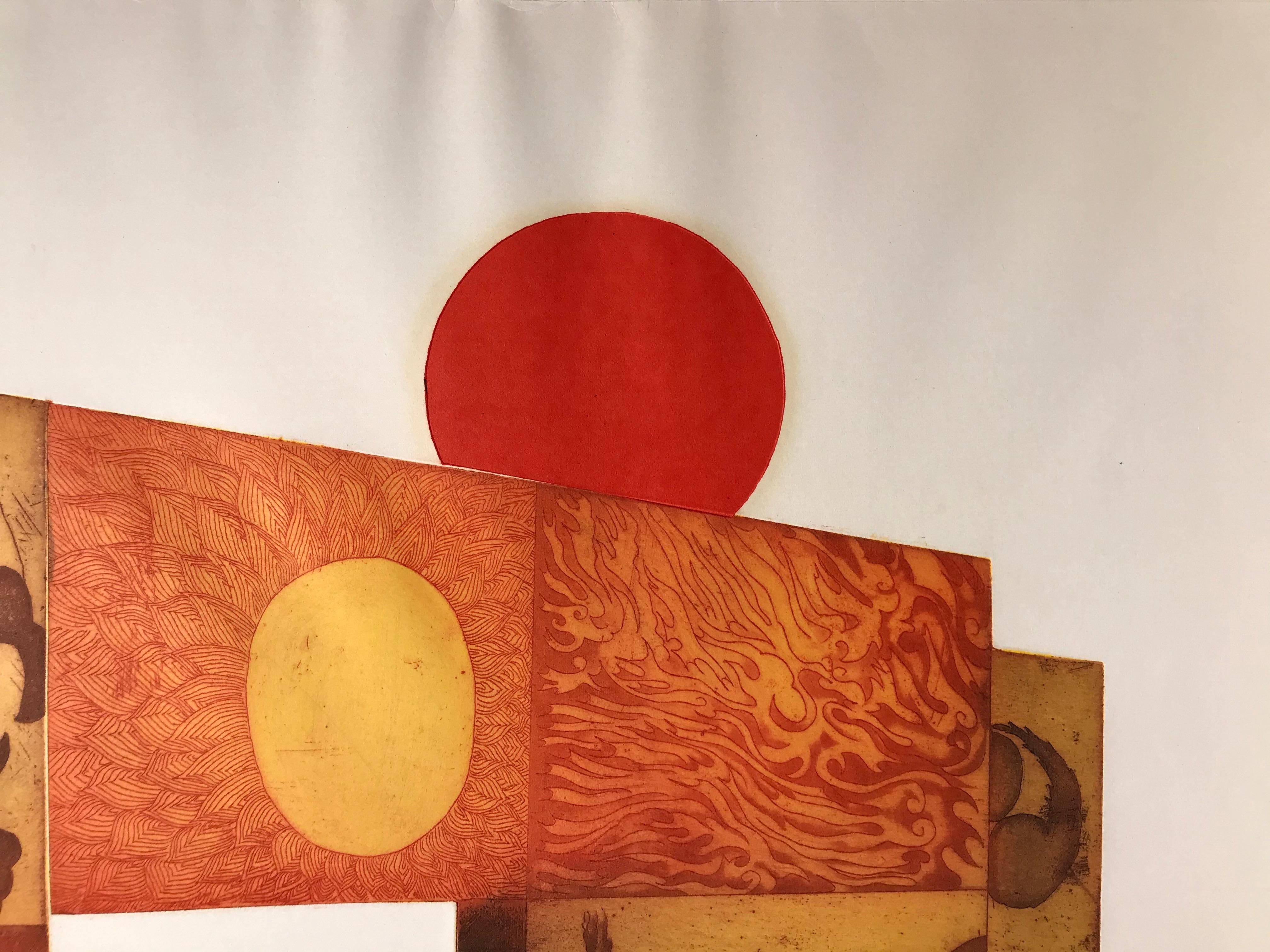 Red Sun by Makoto Ouchi, Japanese etching 1/60, red, yellow Kabuki contemporary For Sale 6