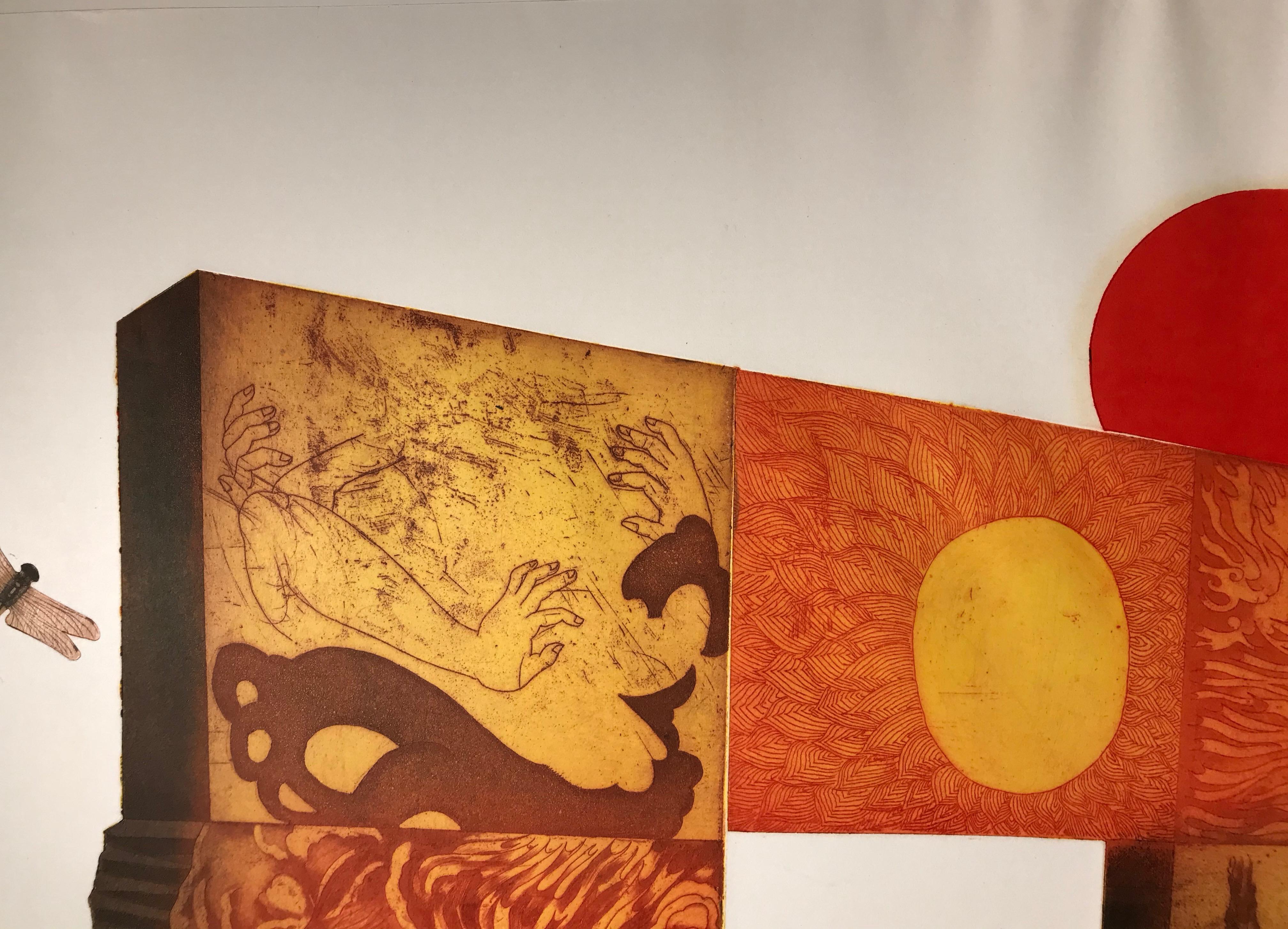 Red Sun de Makoto Ouchi, gravure japonaise à l'eau-forte 1/60, rouge, jaune Kabuki contemporain en vente 1