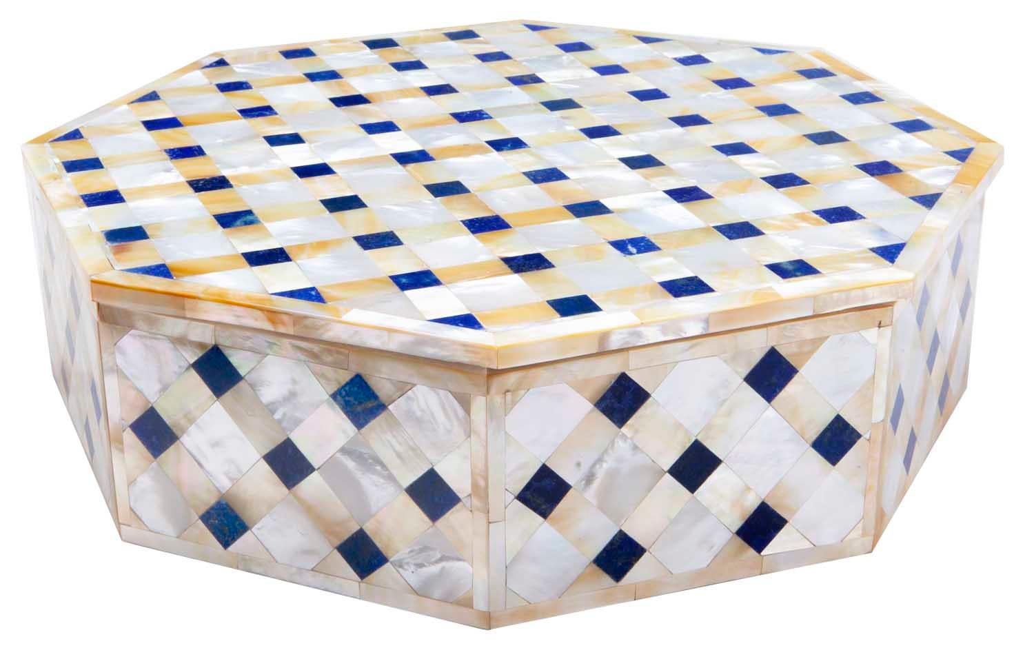This fabulous octagonal box carved from Makrana marble. Once used for the Taj Mahal, it is known to be the most dense marble in the world. Inlaid Abalone and Lapis Lazuli adorn this exquisite box with a satin weave pattern. The interior is lined