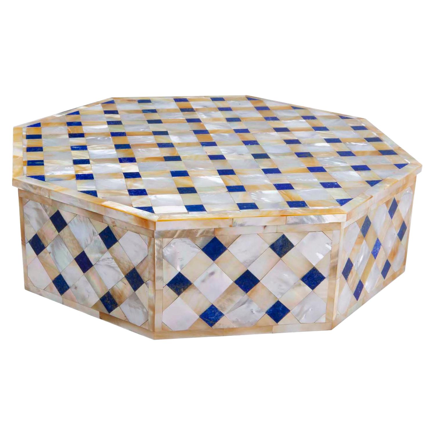 Makrana Marble Box from Agra India Inlaid with Lapis and Abablone