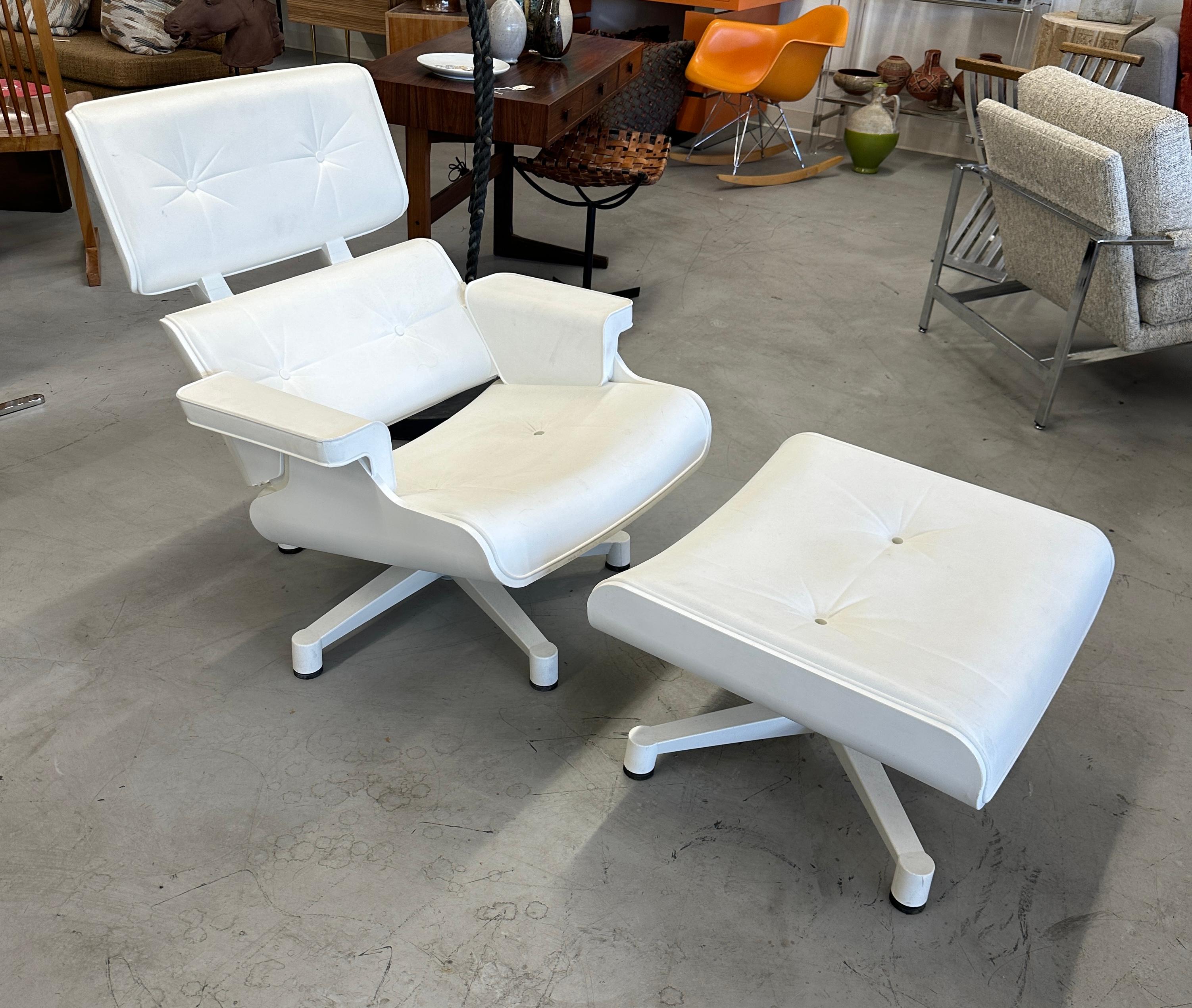 Whimsical take on a Classic Eames chair and ottoman this 1956 chair by Mal Furniture is all plastic and is intended for outdoor use. It has drain holes in the seat and in the ottoman. I’m one of the original ads it is shown floating in a POOL. We