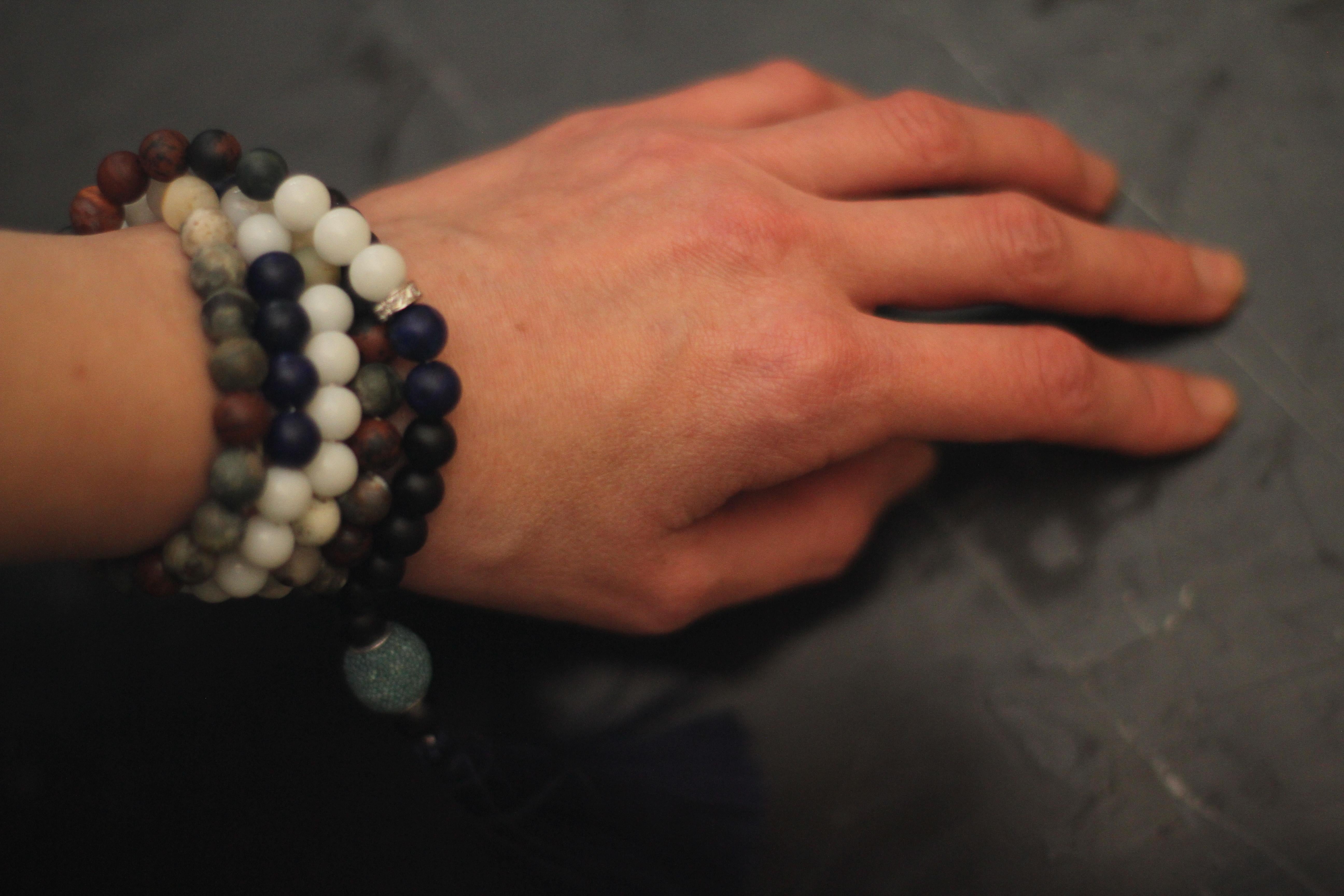 Mala Necklace with Matt Lapis and Eighteen Karat White Gold Diamonds Beads For Sale 7