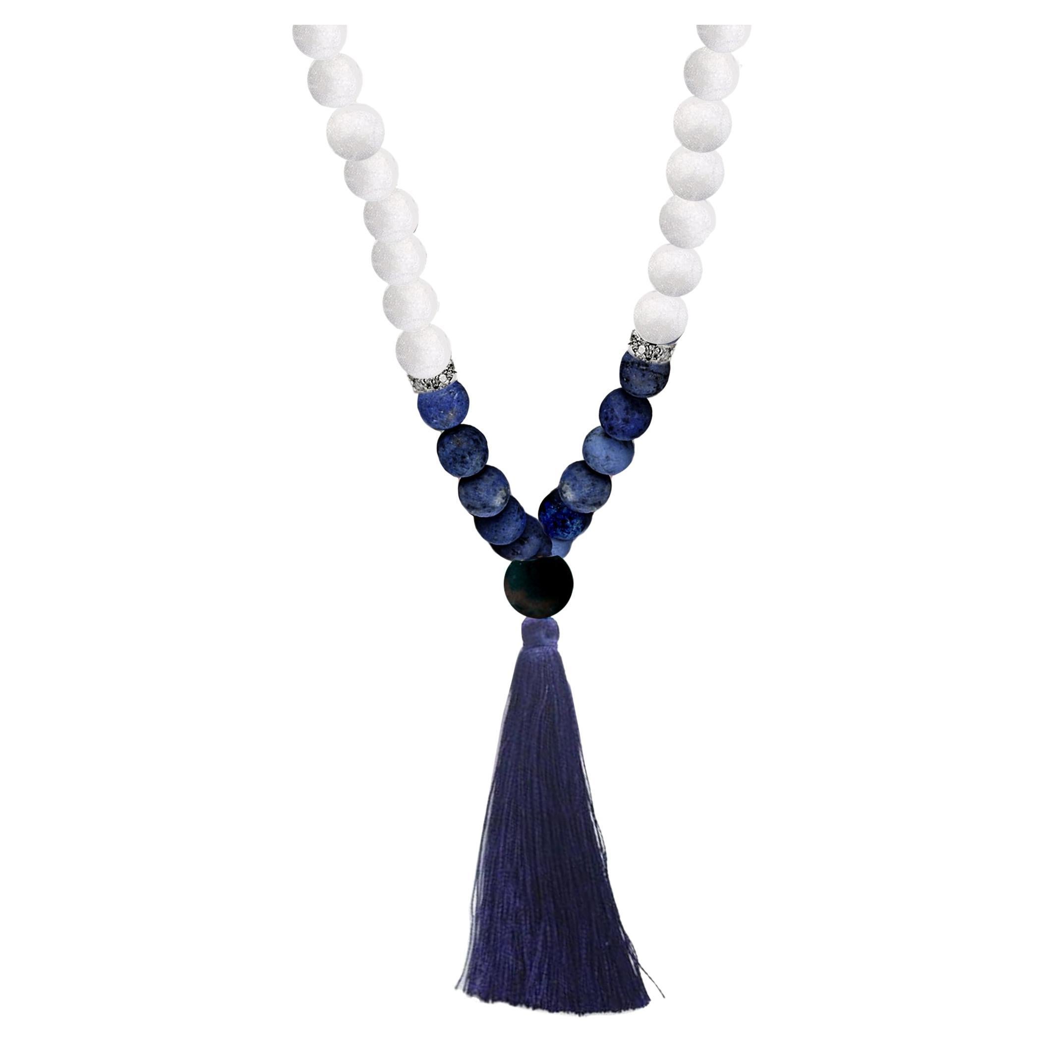 Mala Necklace with Matt Lapis and Eighteen Karat White Gold Diamonds Beads For Sale