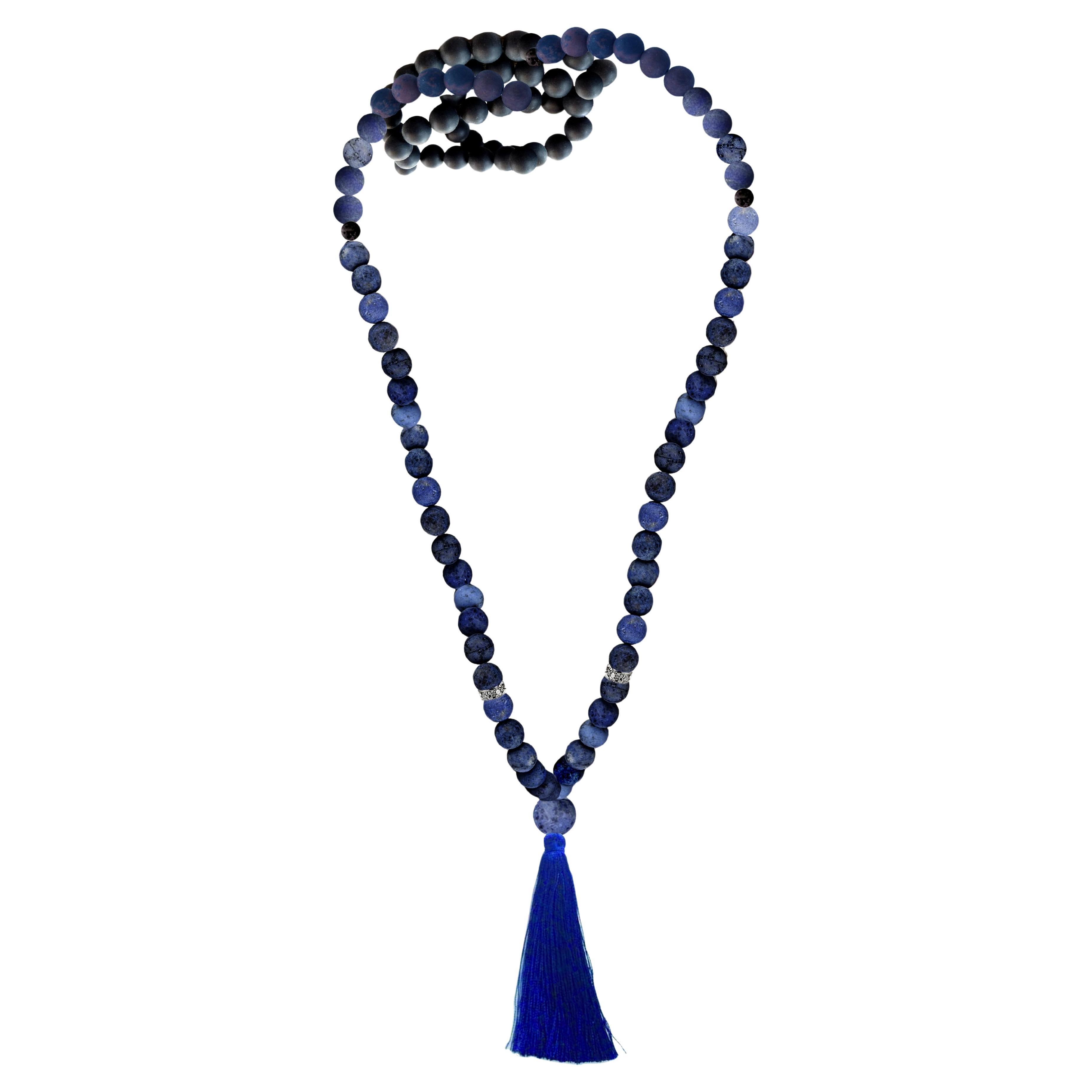 Mala Necklace with Matt Lapis, Tahitian Pearls, 18kt White Gold Diamonds Beads For Sale