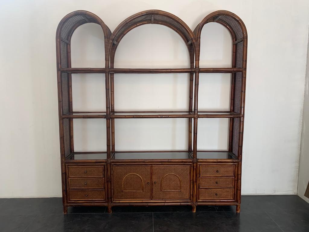Malacca Rattan & Crystal Bookcase from Vivai del Sud, 1970s For Sale 10