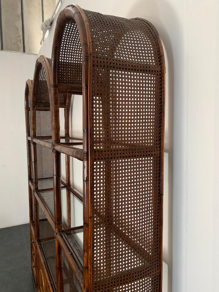 Late 20th Century Malacca Rattan & Crystal Bookcase from Vivai del Sud, 1970s For Sale