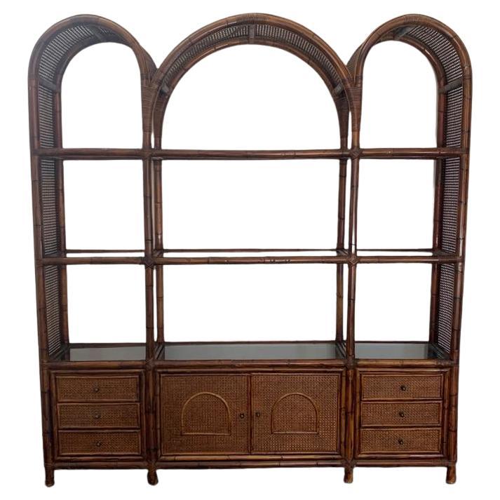 Malacca Rattan & Crystal Bookcase from Vivai del Sud, 1970s