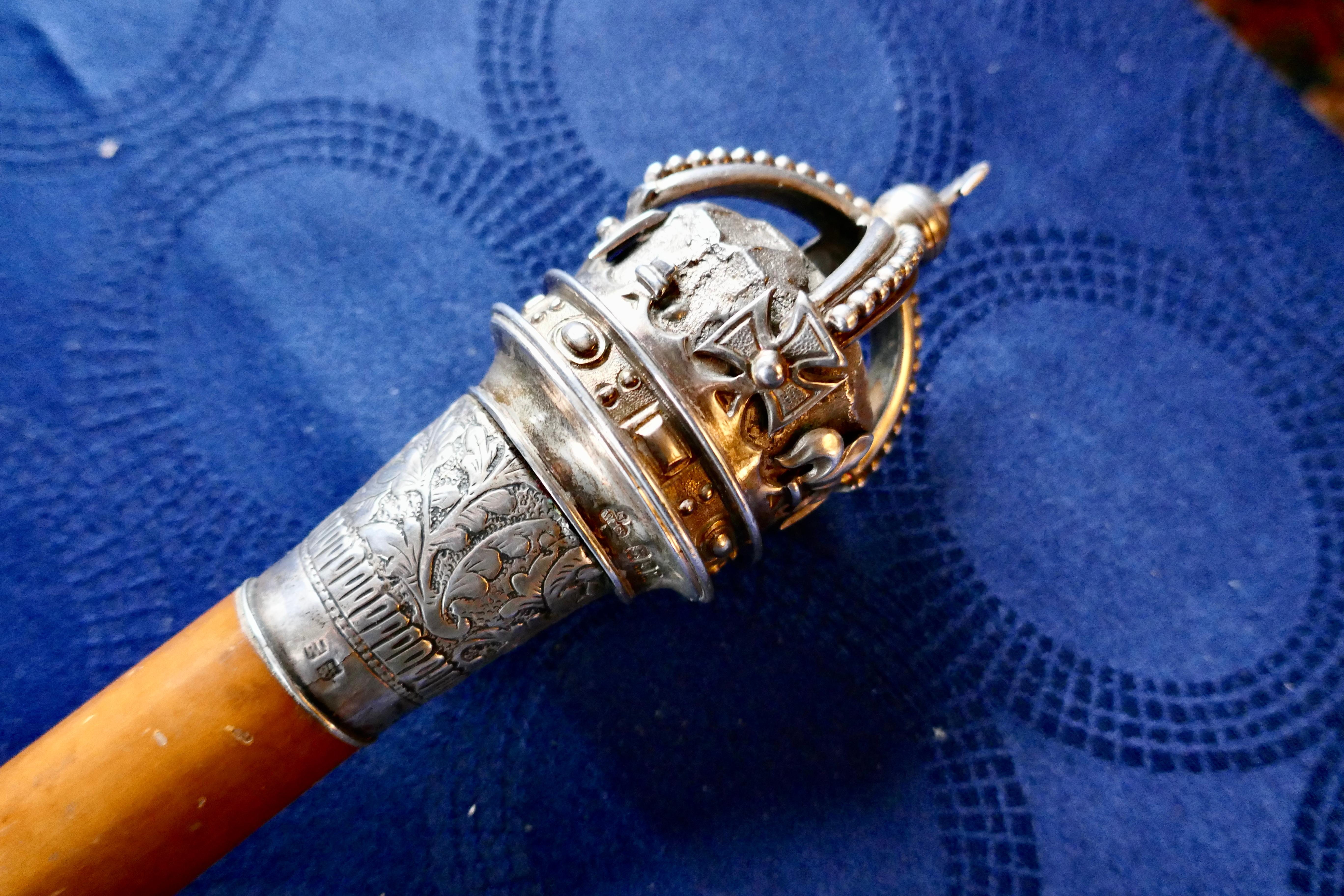 British Colonial Malacca Walking Cane with Sliver Crown Pommel by J Wippell & Co Ltd 1916