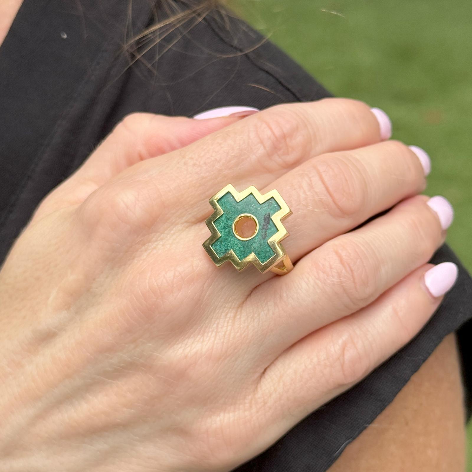 Bague Vintage Chakana en or jaune 18 carats et malachite Pour femmes en vente