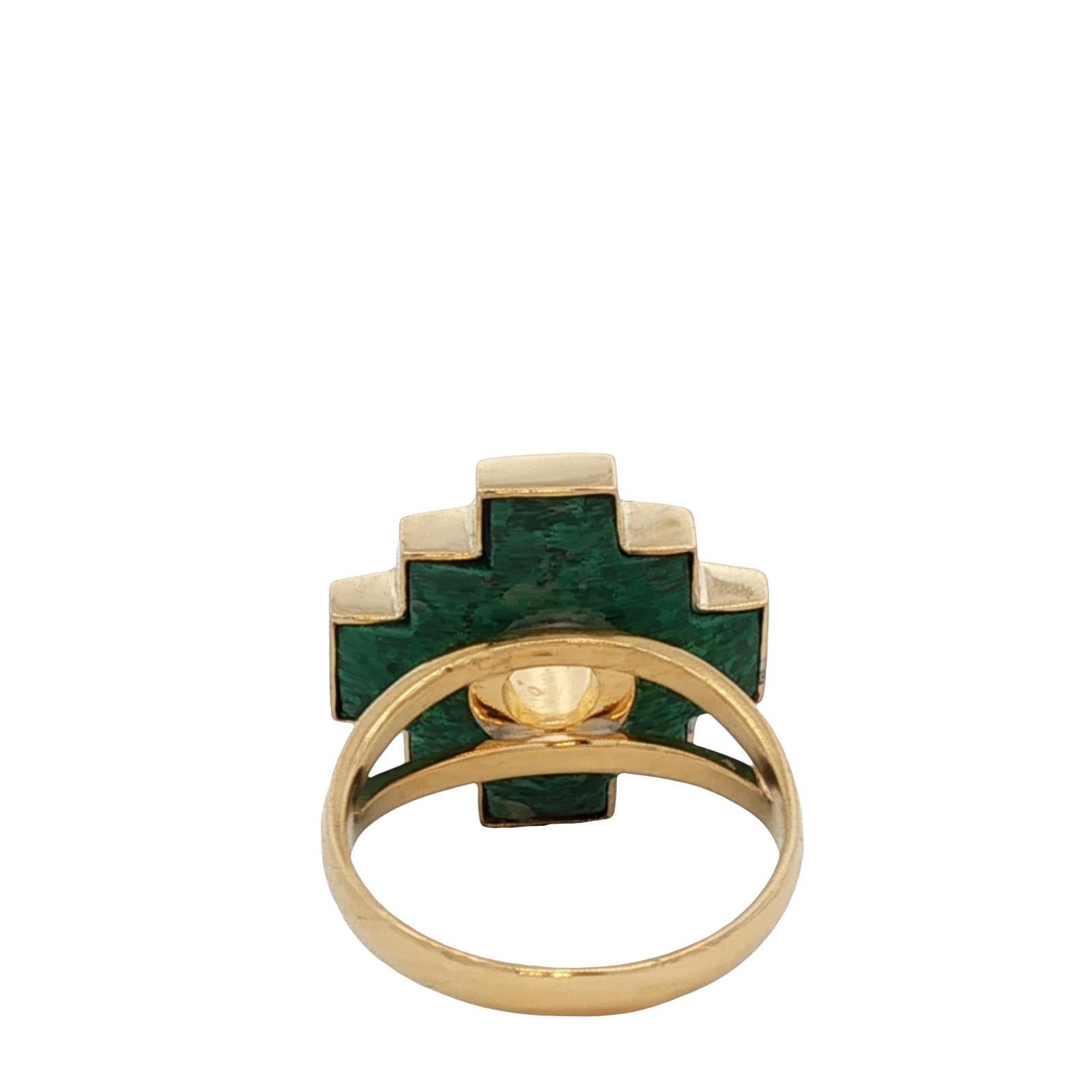 Bague Vintage Chakana en or jaune 18 carats et malachite en vente 1
