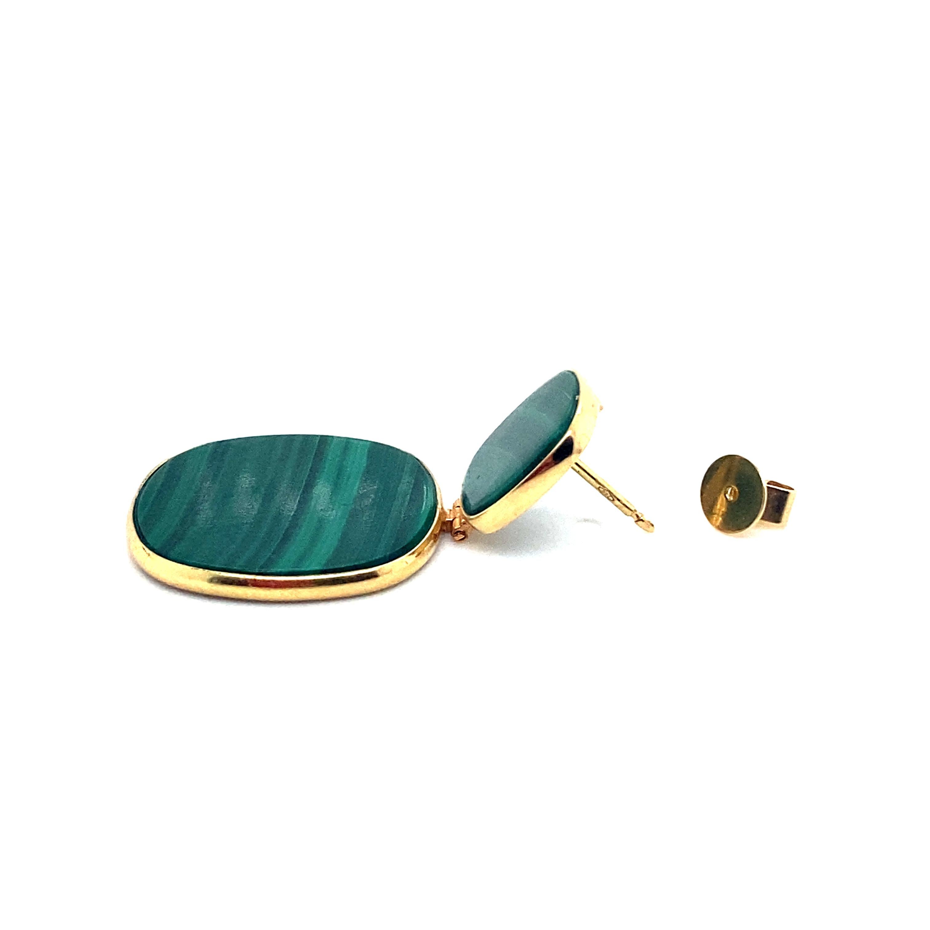 Square Cut Malachite and 18K Yellow Gold Art Deco Style Pendant Earrings For Sale