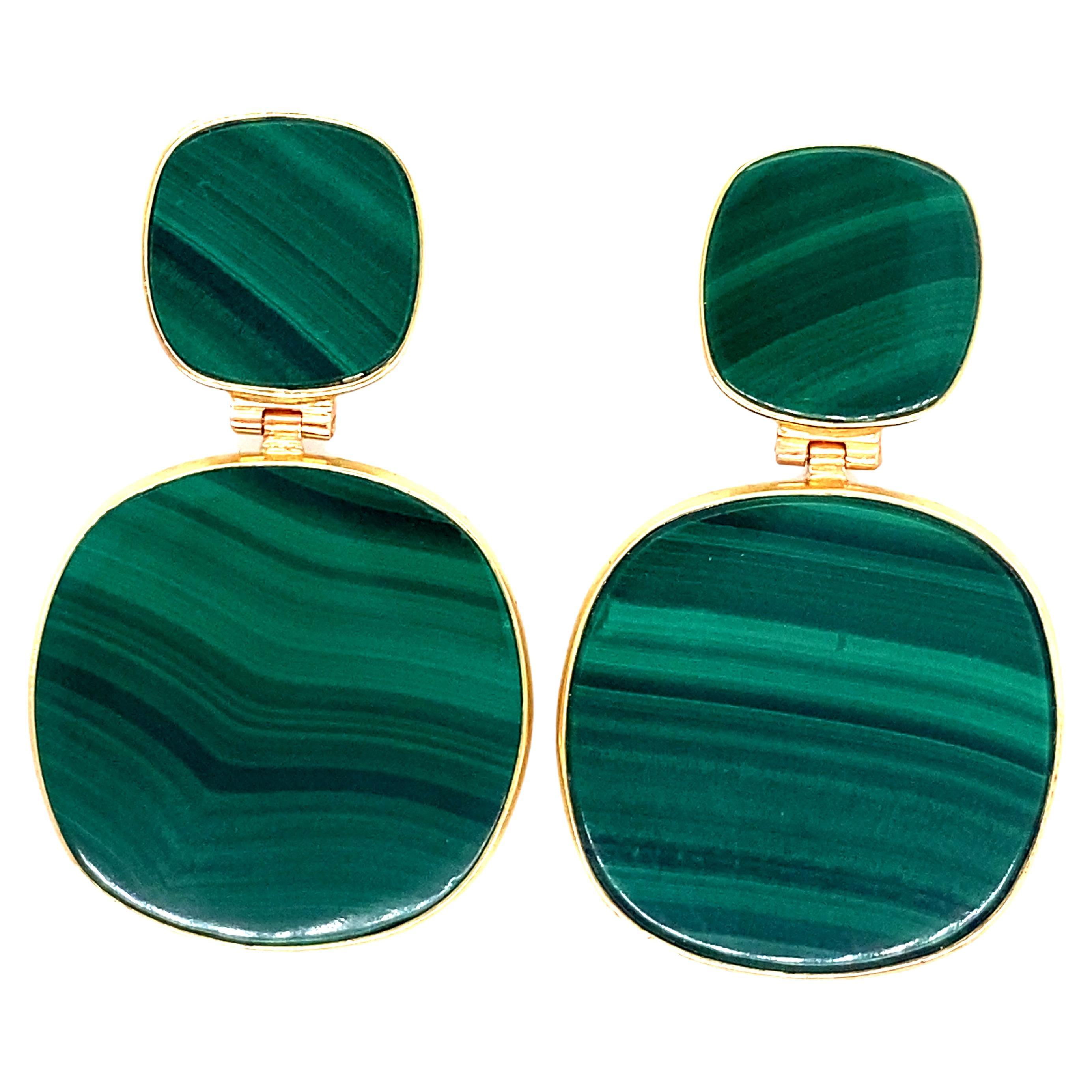 Malachite and 18K Yellow Gold Art Deco Style Pendant Earrings For Sale