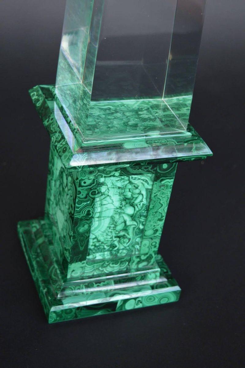 Malachite and Acrylic Obelisk with Perched Eagle In Good Condition For Sale In Los Angeles, CA