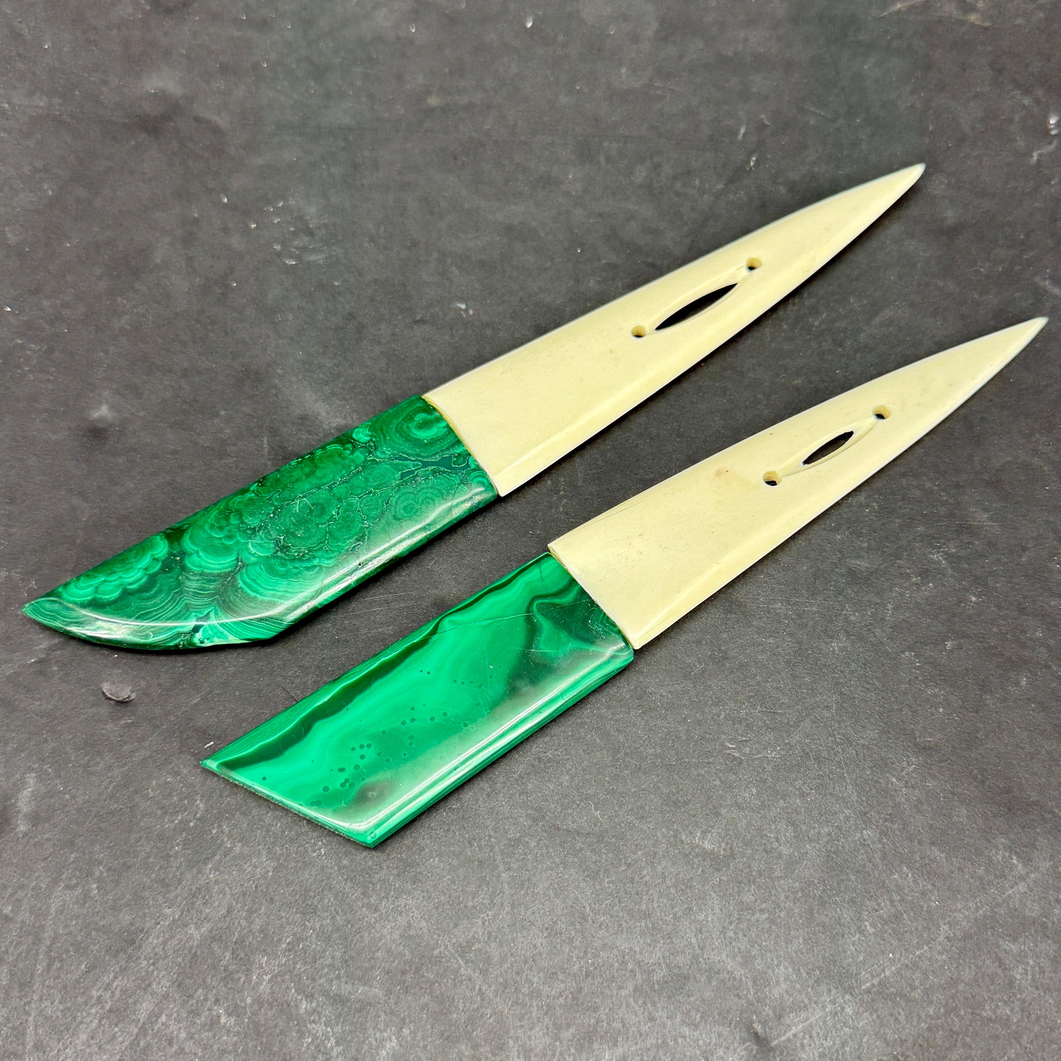 Hand-Crafted Malachite and Bone Letter Openers, two available For Sale