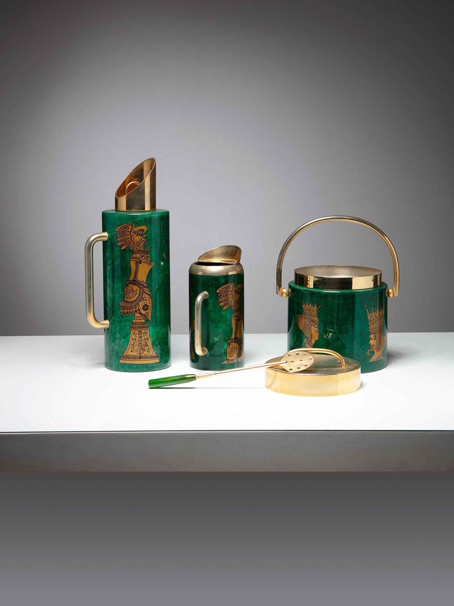 Mid-20th Century Malachite and Brass Cocktail Set by Aldo Tura for Macabo, Italy, 1960s For Sale