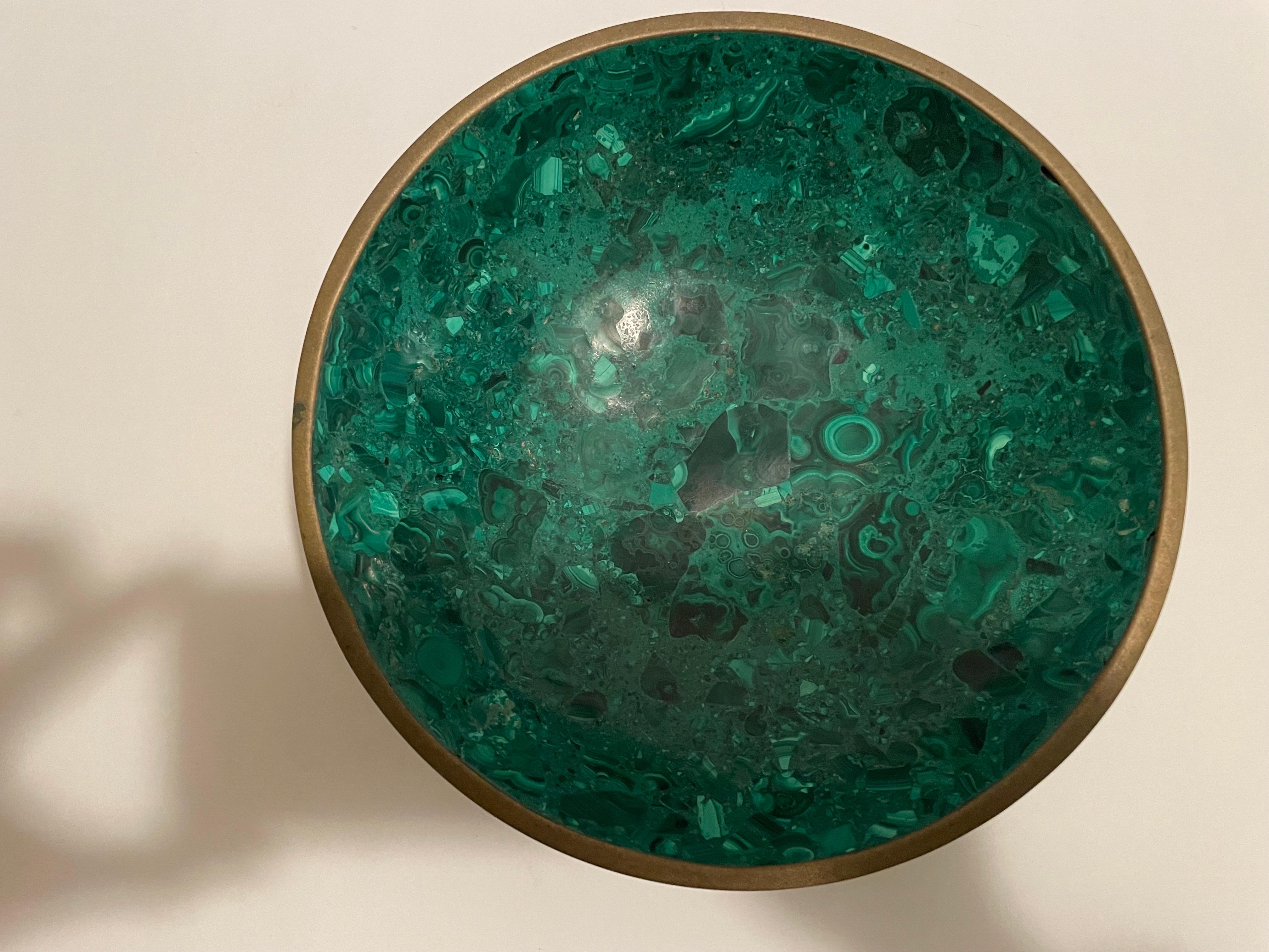 This is a wonderful heavy malachite and brass rimmed bowl from Brazil 