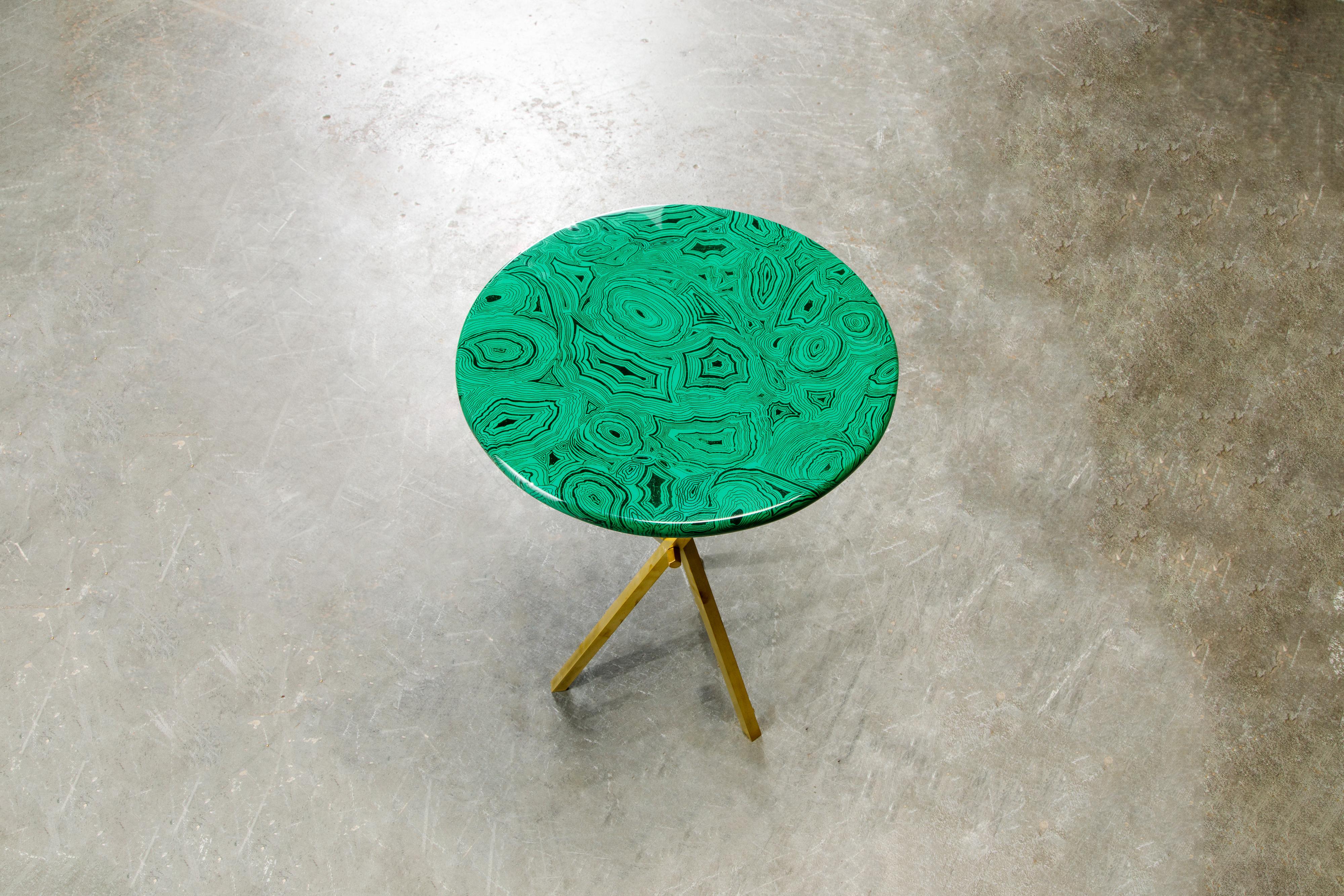 'Malachite' and Brass Side Table by Piero Fornasetti, circa 1970s, Signed  In Excellent Condition In Los Angeles, CA