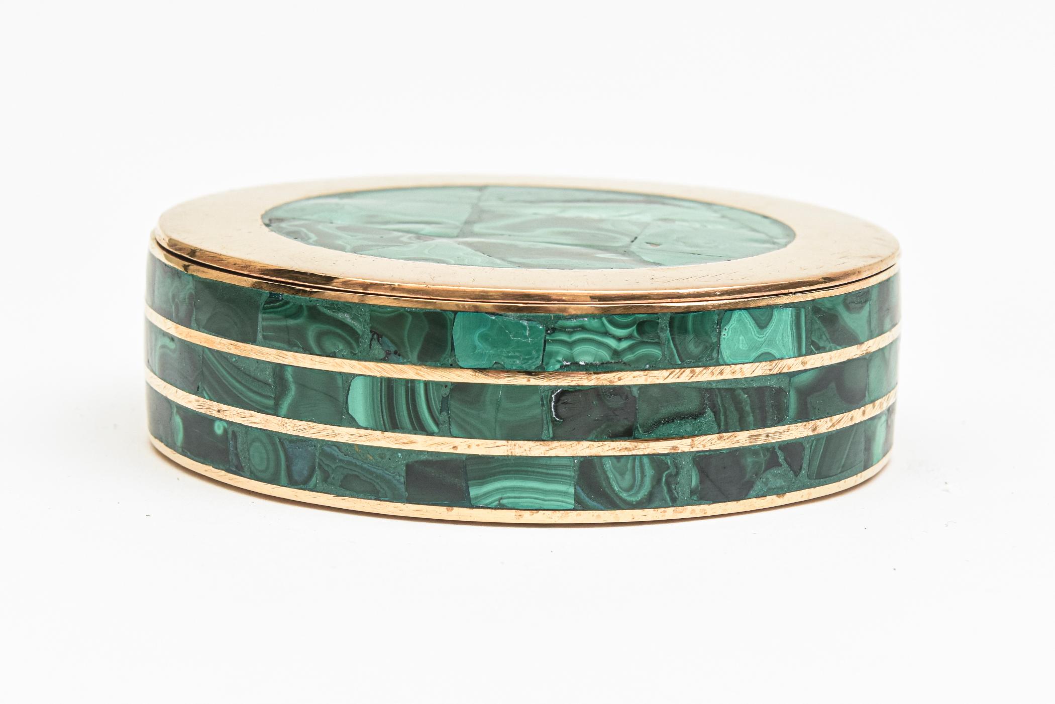 Mid-Century Modern  Malachite and Bronze Vintage Round Two Part Box Desk Accessory For Sale
