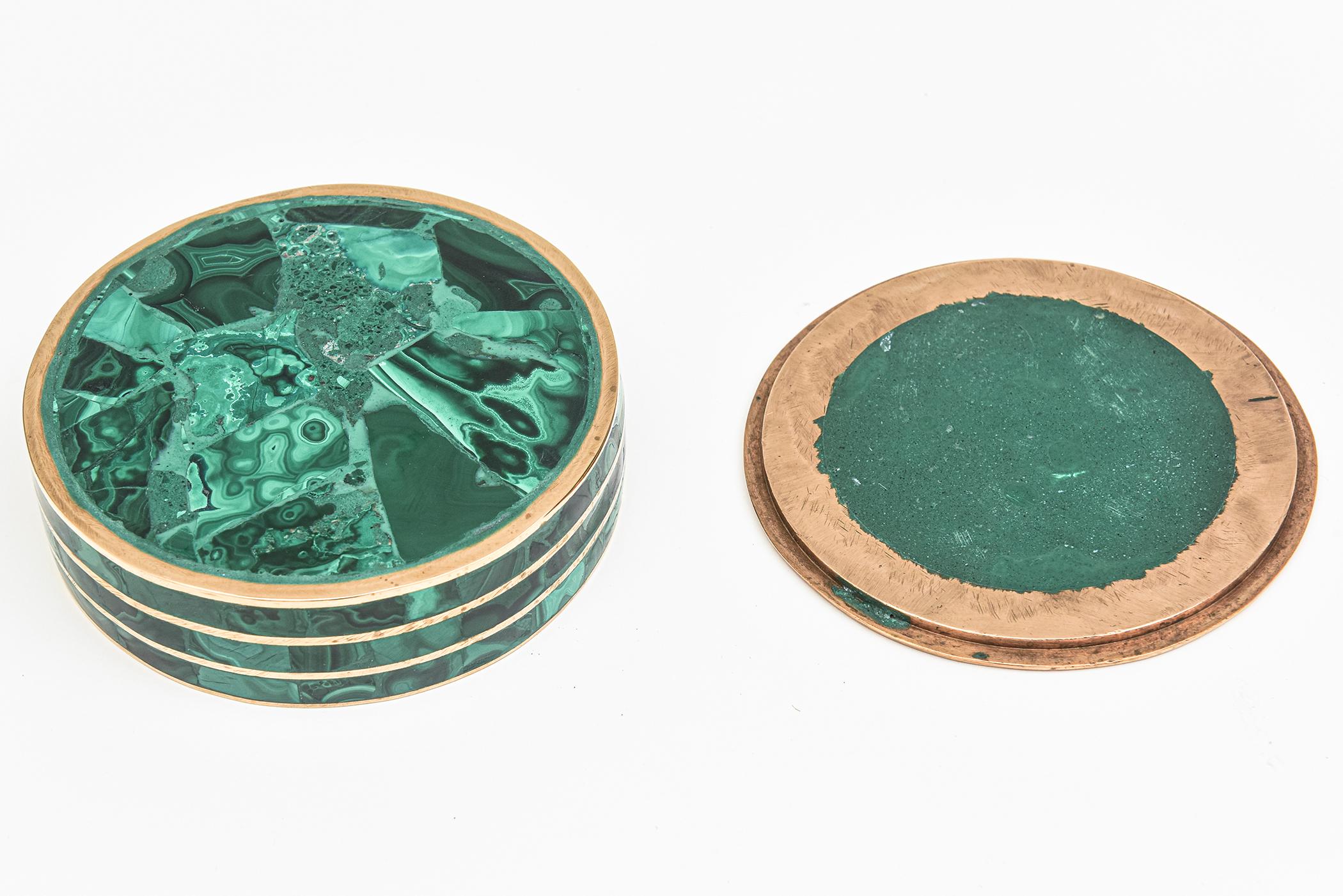 Mid-20th Century Vintage Malachite and Bronze Round Two Part Box Desk Accessory For Sale