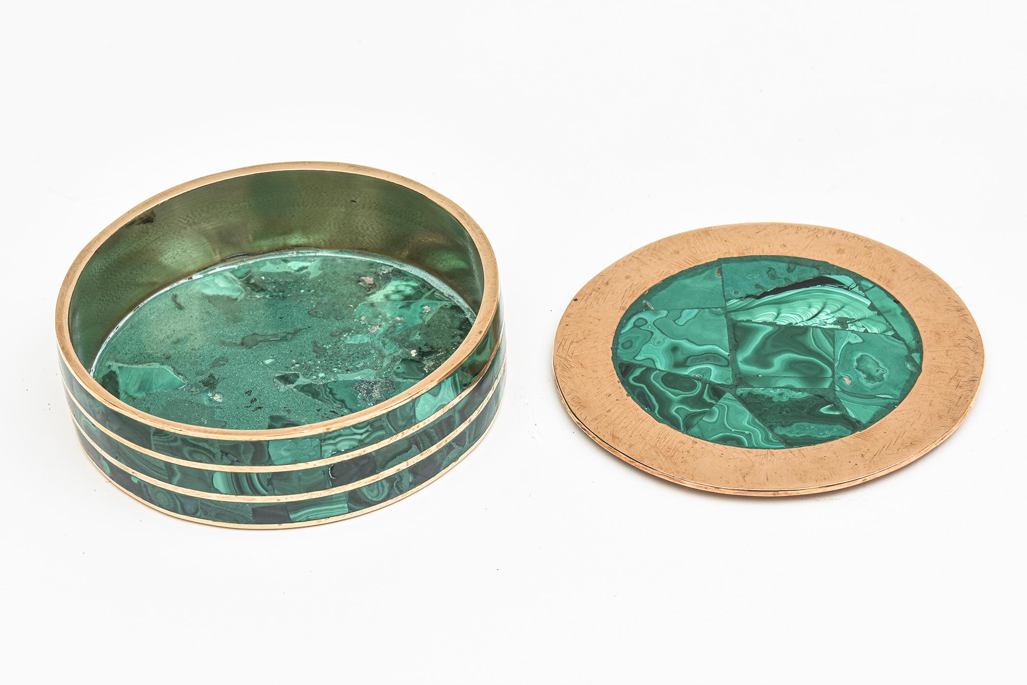 Vintage Malachite and Bronze Round Two Part Box Desk Accessory For Sale 3