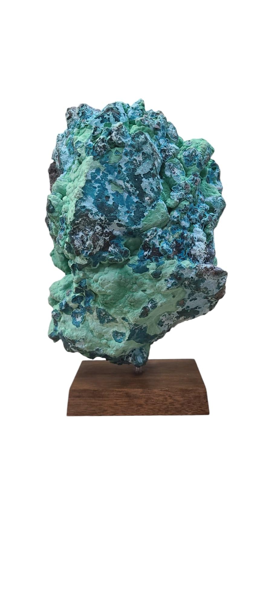 Contemporary Malachite and Chrysocolla, rough from Congo on wooden stand For Sale