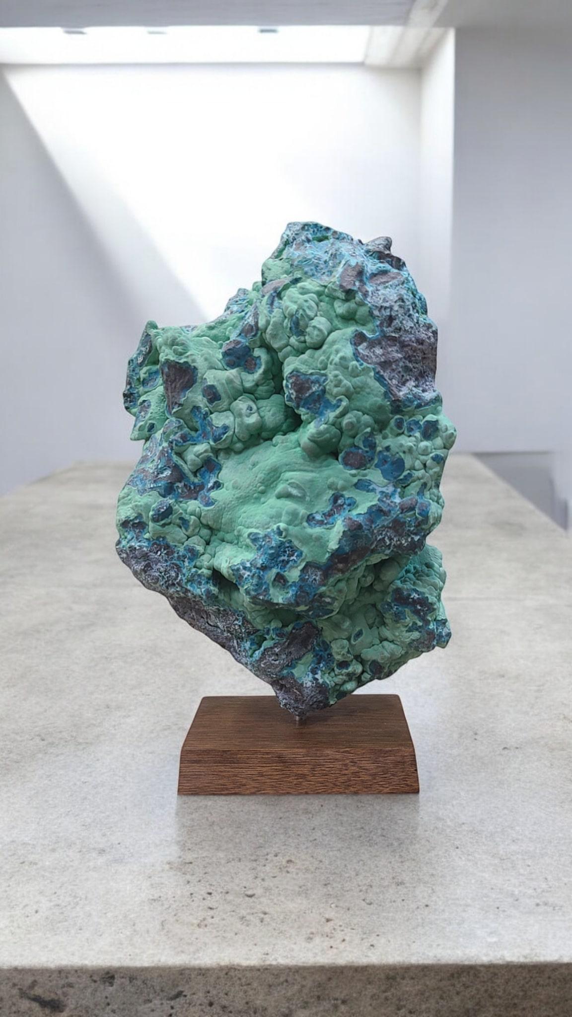 Stone Malachite and Chrysocolla, rough from Congo on wooden stand For Sale
