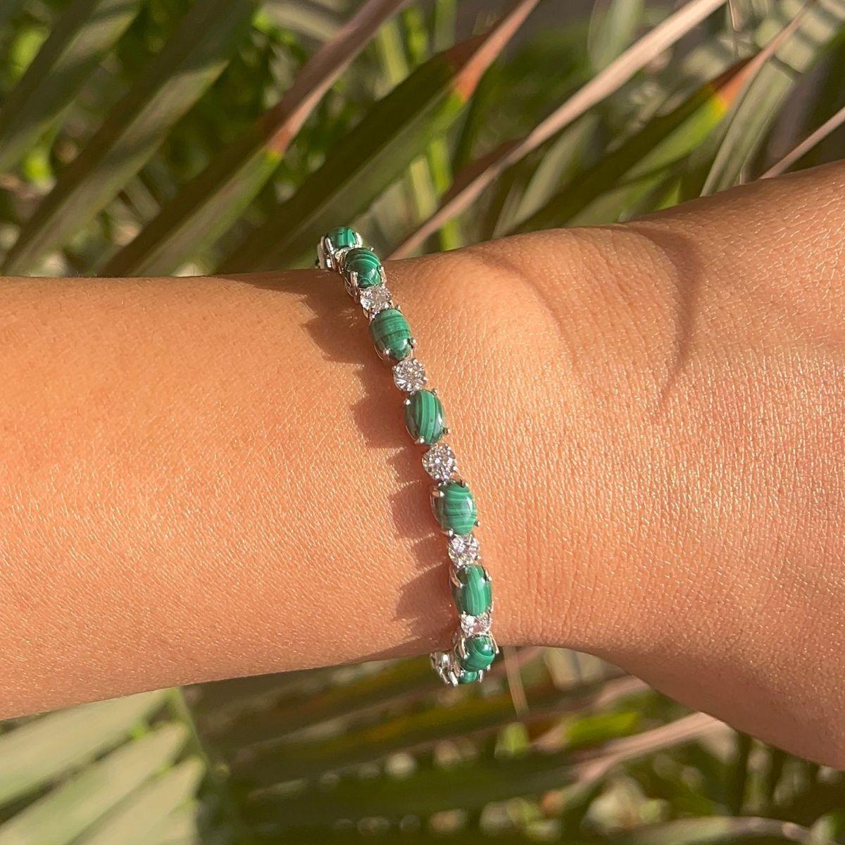Malachite and Cubic Zirconia Sterling Silver Tennis Bracelet in 925 Sterling Silver. You shall need statement tennis bracelet to make a statement with your look. Each piece features dazzling cubic zirconia stones, renowned for their brilliance and