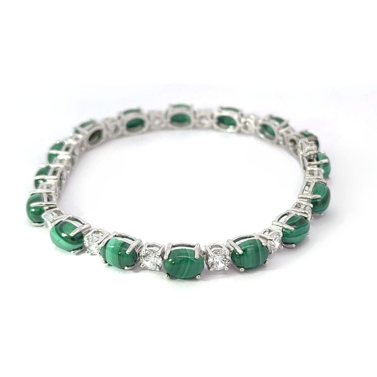 Art Deco Malachite and Cubic Zirconia Sterling Silver Tennis Bracelet Gift for Girlfriend For Sale