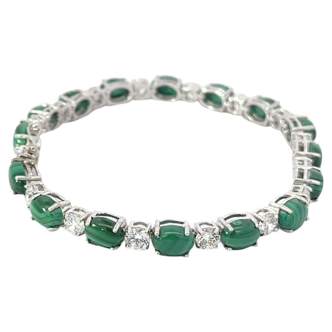 Malachite and Cubic Zirconia Sterling Silver Tennis Bracelet Gift for Girlfriend In New Condition For Sale In New York, NY