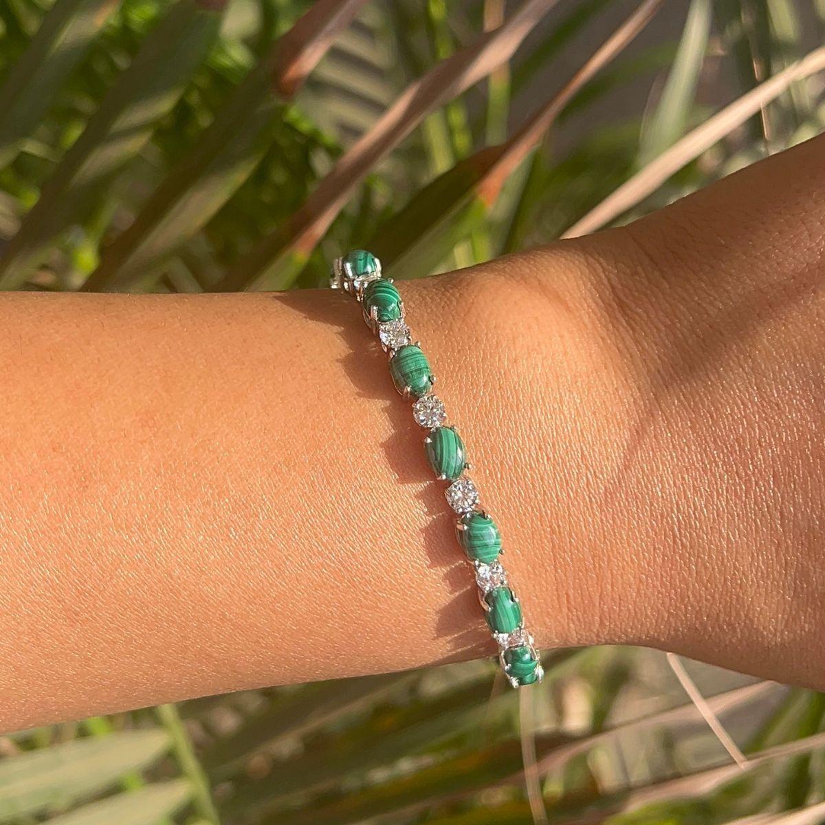Women's Malachite and Cubic Zirconia Sterling Silver Tennis Bracelet Gift for Girlfriend For Sale