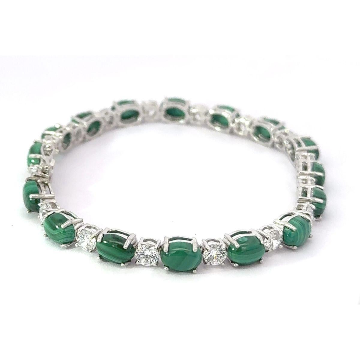 Malachite and Cubic Zirconia Sterling Silver Tennis Bracelet Gift for Girlfriend For Sale 1
