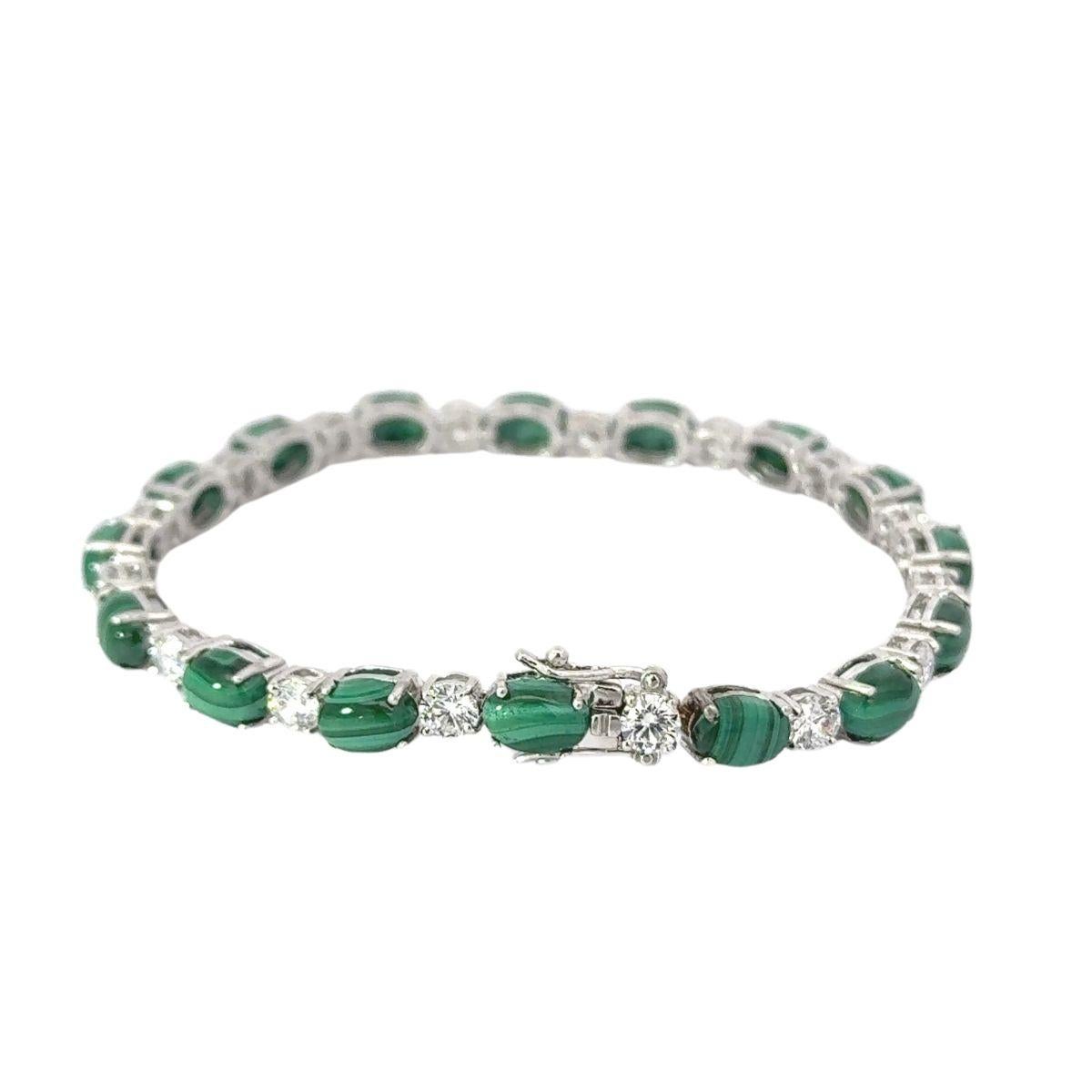 Malachite and Cubic Zirconia Sterling Silver Tennis Bracelet Gift for Girlfriend For Sale 2