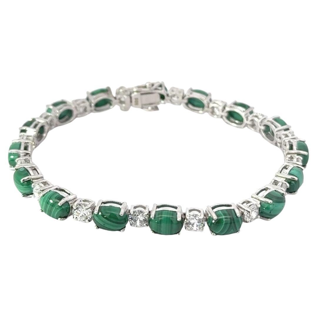 Malachite and Cubic Zirconia Sterling Silver Tennis Bracelet Gift for Girlfriend