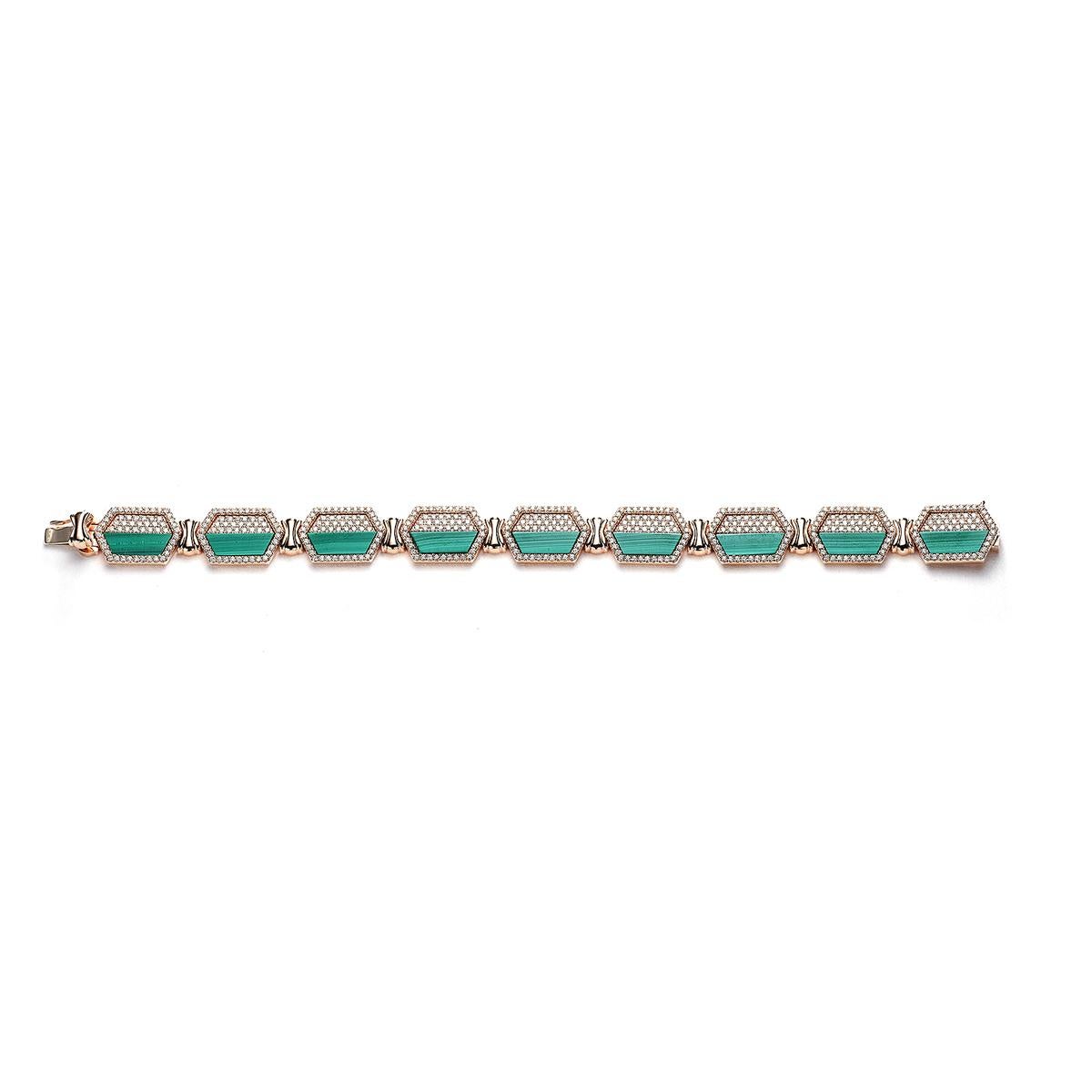 Bracelet in 18kt pink gold set with 495 diamonds 3.74 cts and 9 malachites 14.31 cts    