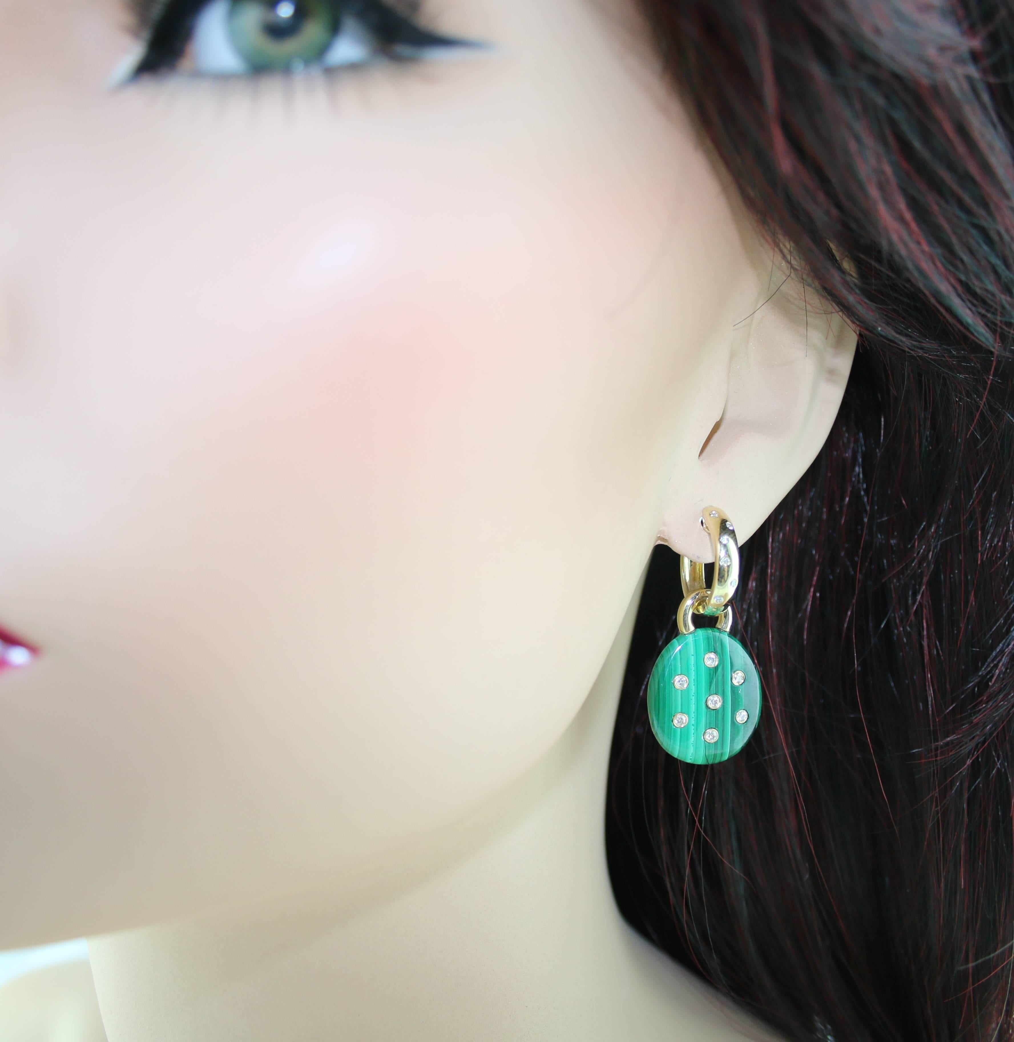 Contemporary Malachite and Diamond Dangle Charm Gold Earrings For Sale