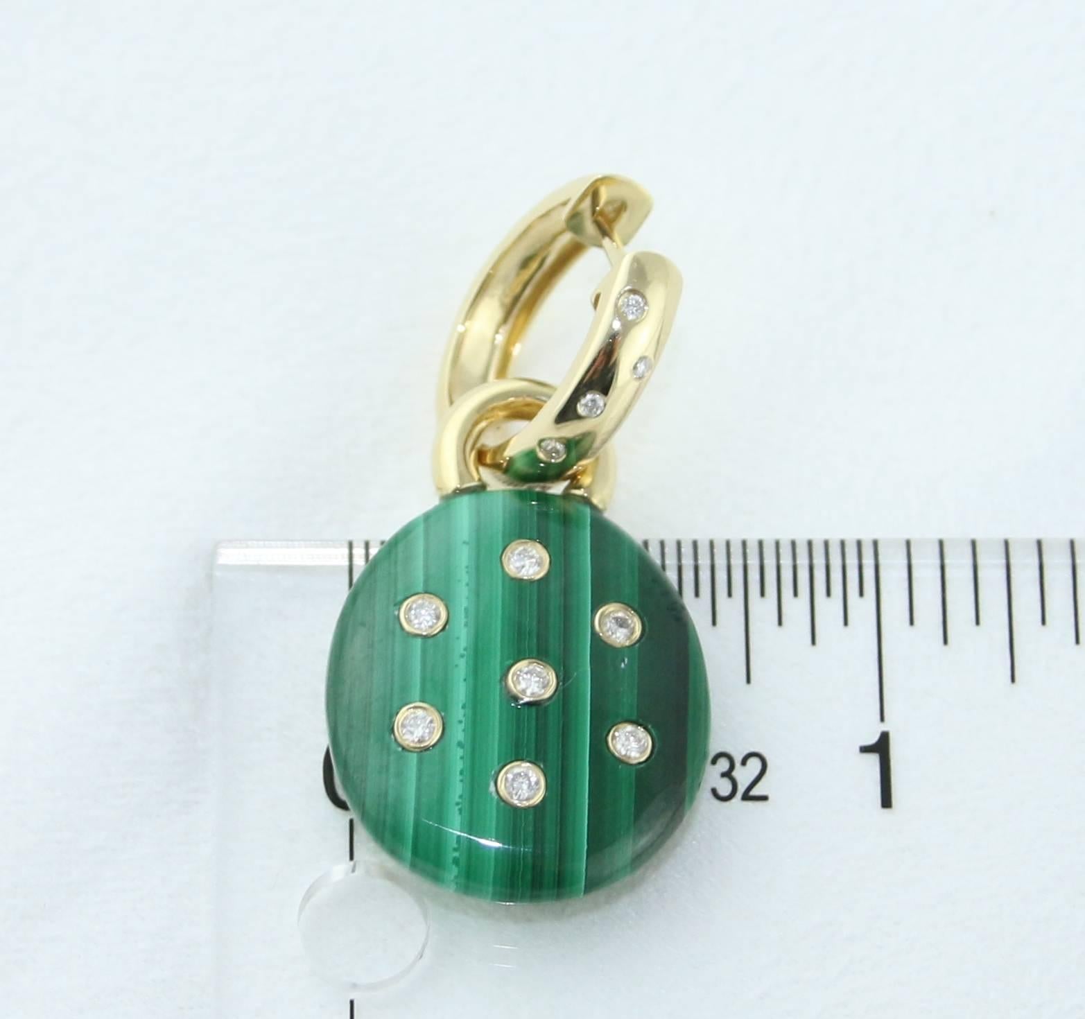 Round Cut Malachite and Diamond Dangle Charm Gold Earrings For Sale