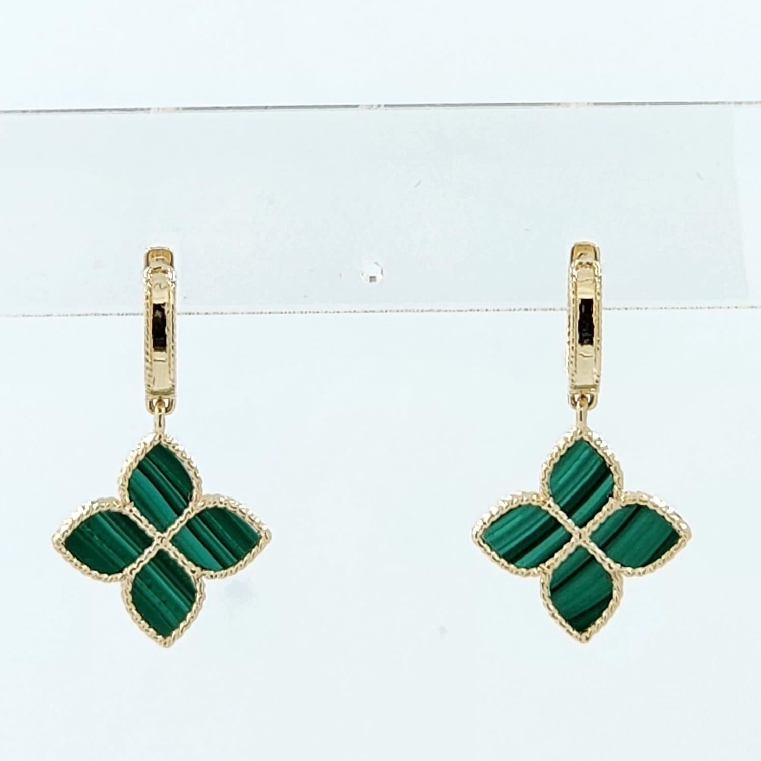 Women's or Men's Malachite and Diamond Earrings in 14 Karat Yellow Gold For Sale