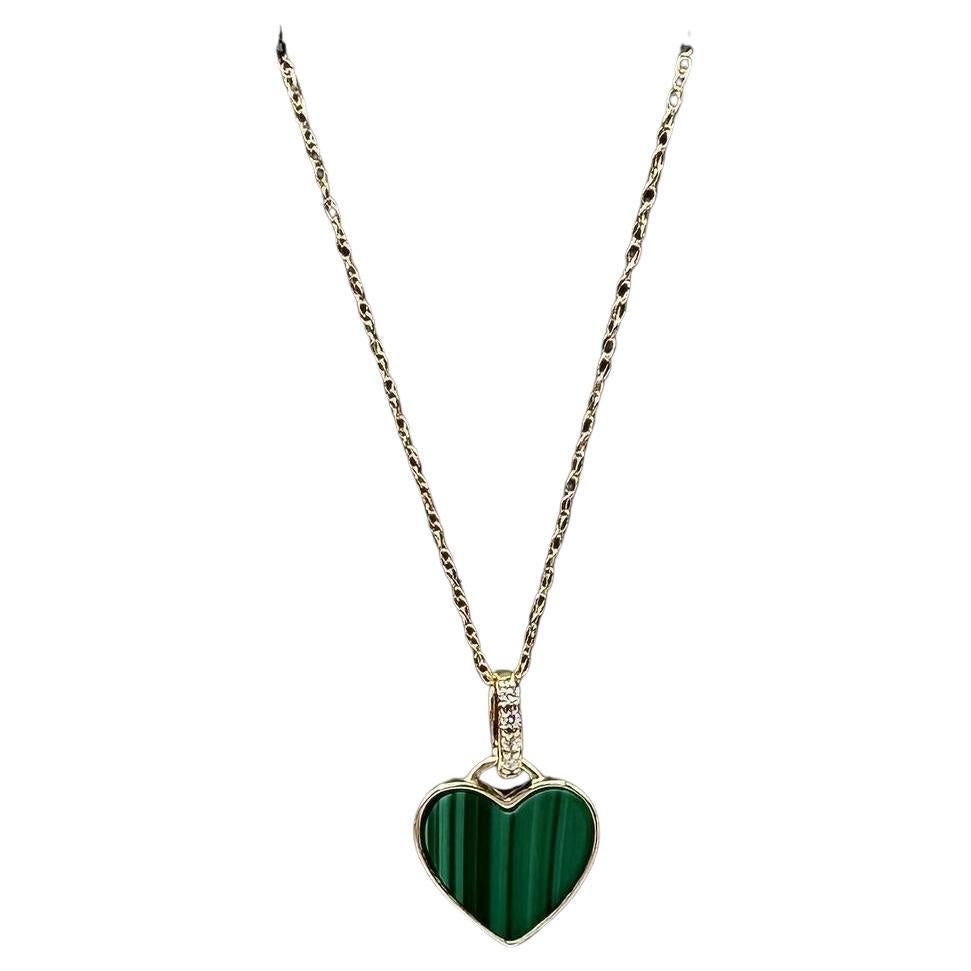Collana con cuore in malachite e diamanti in oro giallo 14kt - 0,03ctw, nuova
