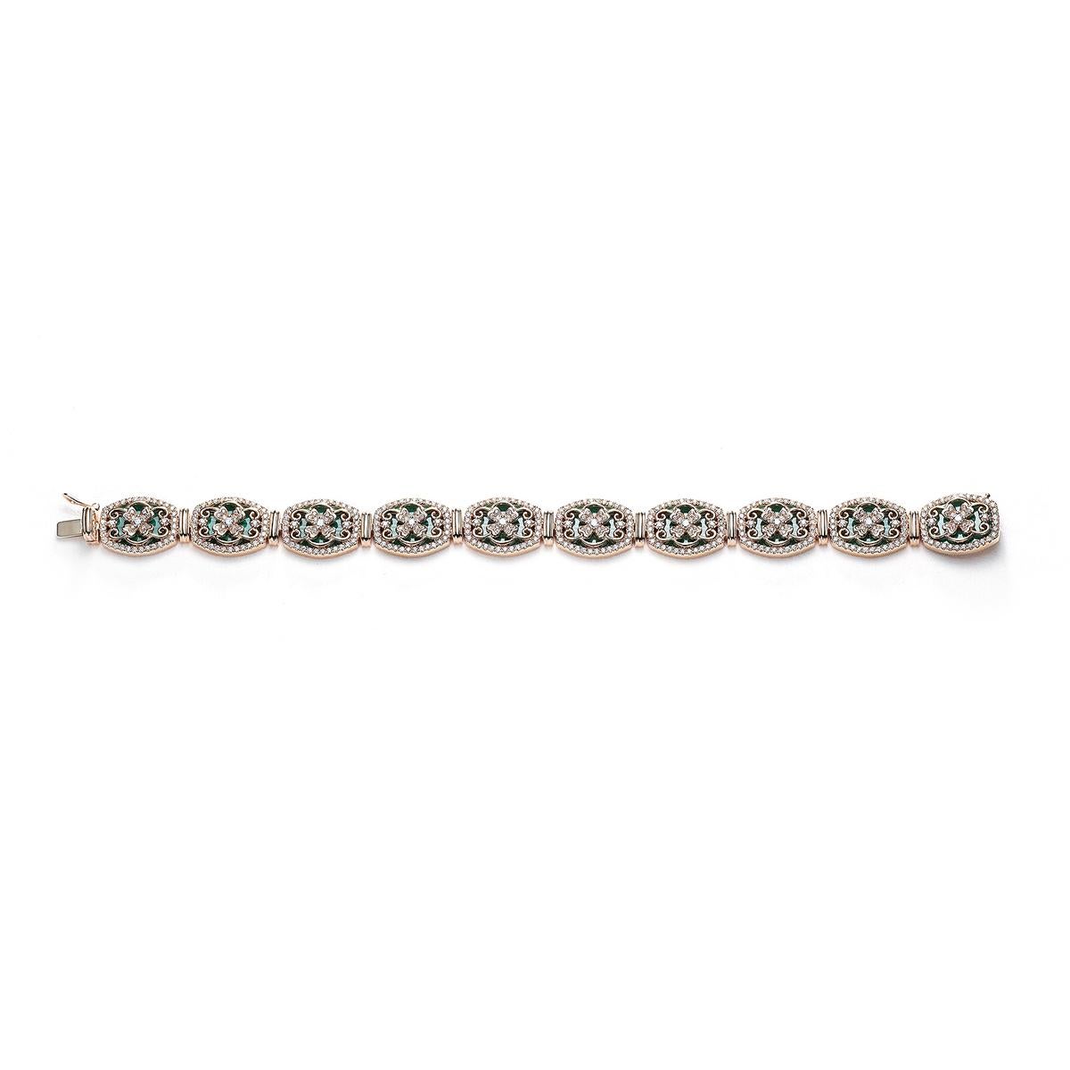 Bracelet in 18kt pink gold set with 470 diamonds 3.03 cts and 9 malachites 27.64 cts   