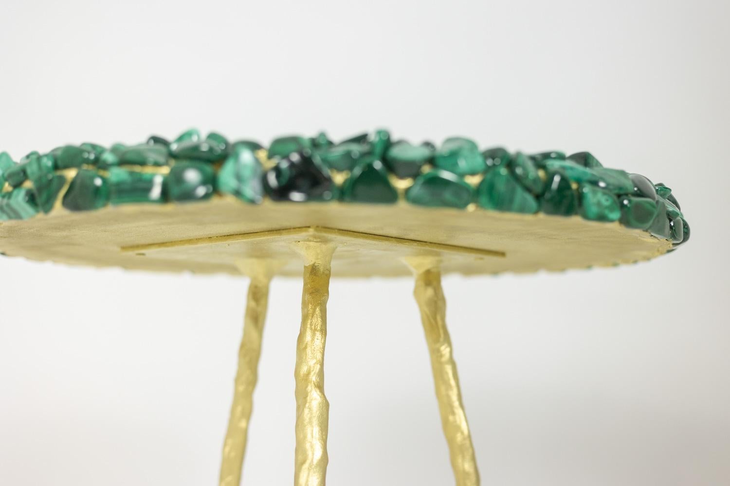 Gilt Malachite and gilded steel pedestal table. Contemporary work. For Sale