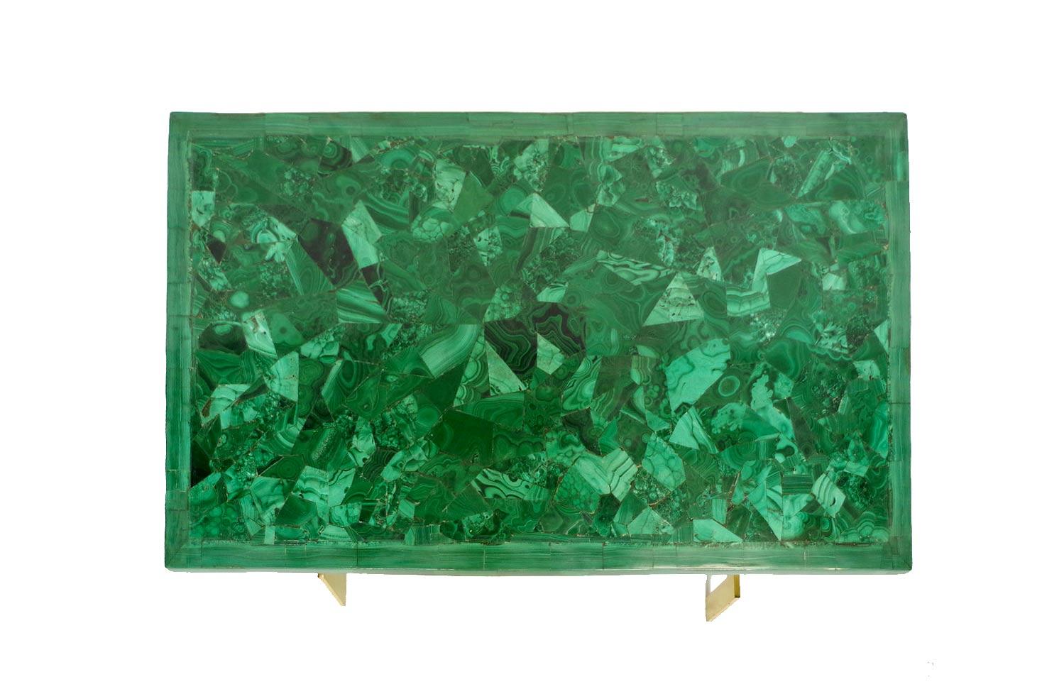 Coffee table with a geometrical gilt brass stand with a removable veneered malachite top in a rectangular shape. 
Work made circa 1970 by the French designer Paul Legeard.